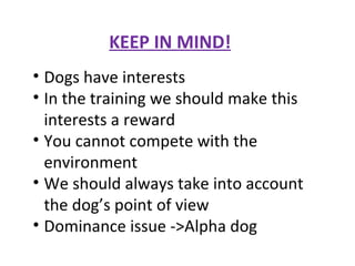 Dogs have interests In the training we should make this interests a reward You cannot compete with the environment We should always take into account the dog’s point of view Dominance issue ->Alpha dog KEEP IN MIND! 