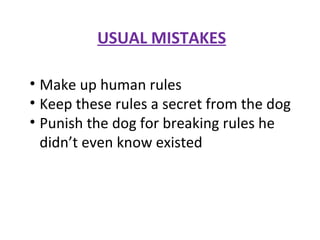 USUAL MISTAKES Make up human rules Keep these rules a secret from the dog Punish the dog for breaking rules he didn’t even know existed 