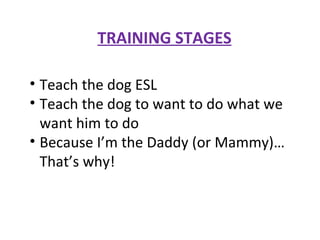 TRAINING STAGES Teach the dog ESL Teach the dog to want to do what we want him to do Because I’m the Daddy (or Mammy)… That’s why! 