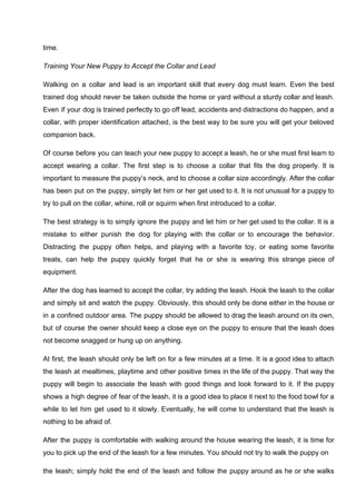 time.
Training Your New Puppy to Accept the Collar and Lead
Walking on a collar and lead is an important skill that every dog must learn. Even the best
trained dog should never be taken outside the home or yard without a sturdy collar and leash.
Even if your dog is trained perfectly to go off lead, accidents and distractions do happen, and a
collar, with proper identification attached, is the best way to be sure you will get your beloved
companion back.
Of course before you can teach your new puppy to accept a leash, he or she must first learn to
accept wearing a collar. The first step is to choose a collar that fits the dog properly. It is
important to measure the puppy’s neck, and to choose a collar size accordingly. After the collar
has been put on the puppy, simply let him or her get used to it. It is not unusual for a puppy to
try to pull on the collar, whine, roll or squirm when first introduced to a collar.
The best strategy is to simply ignore the puppy and let him or her get used to the collar. It is a
mistake to either punish the dog for playing with the collar or to encourage the behavior.
Distracting the puppy often helps, and playing with a favorite toy, or eating some favorite
treats, can help the puppy quickly forget that he or she is wearing this strange piece of
equipment.
After the dog has learned to accept the collar, try adding the leash. Hook the leash to the collar
and simply sit and watch the puppy. Obviously, this should only be done either in the house or
in a confined outdoor area. The puppy should be allowed to drag the leash around on its own,
but of course the owner should keep a close eye on the puppy to ensure that the leash does
not become snagged or hung up on anything.
At first, the leash should only be left on for a few minutes at a time. It is a good idea to attach
the leash at mealtimes, playtime and other positive times in the life of the puppy. That way the
puppy will begin to associate the leash with good things and look forward to it. If the puppy
shows a high degree of fear of the leash, it is a good idea to place it next to the food bowl for a
while to let him get used to it slowly. Eventually, he will come to understand that the leash is
nothing to be afraid of.
After the puppy is comfortable with walking around the house wearing the leash, it is time for
you to pick up the end of the leash for a few minutes. You should not try to walk the puppy on
the leash; simply hold the end of the leash and follow the puppy around as he or she walks
 