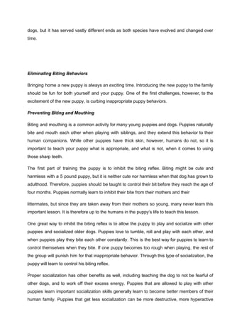 dogs, but it has served vastly different ends as both species have evolved and changed over
time.
Eliminating Biting Behaviors
Bringing home a new puppy is always an exciting time. Introducing the new puppy to the family
should be fun for both yourself and your puppy. One of the first challenges, however, to the
excitement of the new puppy, is curbing inappropriate puppy behaviors.
Preventing Biting and Mouthing
Biting and mouthing is a common activity for many young puppies and dogs. Puppies naturally
bite and mouth each other when playing with siblings, and they extend this behavior to their
human companions. While other puppies have thick skin, however, humans do not, so it is
important to teach your puppy what is appropriate, and what is not, when it comes to using
those sharp teeth.
The first part of training the puppy is to inhibit the biting reflex. Biting might be cute and
harmless with a 5 pound puppy, but it is neither cute nor harmless when that dog has grown to
adulthood. Therefore, puppies should be taught to control their bit before they reach the age of
four months. Puppies normally learn to inhibit their bite from their mothers and their
littermates, but since they are taken away from their mothers so young, many never learn this
important lesson. It is therefore up to the humans in the puppy’s life to teach this lesson.
One great way to inhibit the biting reflex is to allow the puppy to play and socialize with other
puppies and socialized older dogs. Puppies love to tumble, roll and play with each other, and
when puppies play they bite each other constantly. This is the best way for puppies to learn to
control themselves when they bite. If one puppy becomes too rough when playing, the rest of
the group will punish him for that inappropriate behavior. Through this type of socialization, the
puppy will learn to control his biting reflex.
Proper socialization has other benefits as well, including teaching the dog to not be fearful of
other dogs, and to work off their excess energy. Puppies that are allowed to play with other
puppies learn important socialization skills generally learn to become better members of their
human family. Puppies that get less socialization can be more destructive, more hyperactive
 