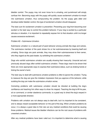 bladder control. The puppy may not even know he is urinating, and punishment will simply
confuse him. Becoming angry with the puppy will quickly cause excitement urination to morph
into submissive urination, thus compounding the problem. As the puppy gets older and
develops better bladder control, this type of excitement urination should disappear.
The best cure for excitement urination is prevention. Preventing your dog from becoming over
excited is the best way to control this problem behavior. If your dog is excited by a particular
stimulus or situation, it is important to repeatedly expose him to that situation until it no longer
causes excessive excitement.
Problem #2 – Submissive Urination
Submissive urination is a natural part of pack behavior among animals like dogs and wolves.
The submissive member of the pack shows his or her submissiveness by lowering itself and
urinating. Since dogs are pack animals, they may show their submissiveness to their owner,
who they regard as the pack leader, by exhibiting this submissive urination.
Dogs who exhibit submissive urination are usually showing their insecurity. Unsocial zed and
previously abused dogs often exhibit submissive urination. These dogs need to be shown that
there are more appropriate ways to express their submissive status, such as shaking hands or
licking the owner’s hand.
The best way to deal with submissive urination problems is often to ignore the urination. Trying
to reassure the dog can give the mistaken impression that you approve of the behavior, while
scolding the dog can make the submissive urination worse.
Correcting problems with submissive urination should be directed at building the dog’s
confidence and teaching him other ways to show his respect. Teaching the dog to lift his paw,
sit on command, or similar obedience commands, is a great way to direct the dog’s respect in
a more appropriate direction.
Problems with urination are not always easy to deal with, but it is important to be consistent,
and to always reward acceptable behavior on the part of the dog. When urination problems do
occur, it is always a good idea to first rule out any medical conditions that could be causing
those problems. Medical issues like bladder infections can be the root cause of problems with
unwanted urination.
After any medical problems have been ruled out, it is important to determine what is causing
 