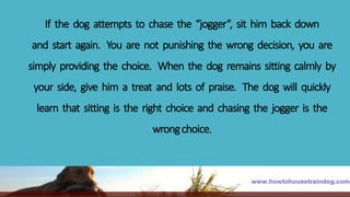 If the dog attempts to chase the “jogger”, sit him back down
and start again. You are not punishing the wrong decision, you are
simply providing the choice. When the dog remains sitting calmly by
your side, give him a treat and lots of praise. The dog will quickly
learn that sitting is the right choice and chasing the jogger is the
wrongchoice.
 