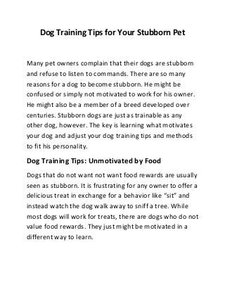 Dog Training Tips for Your Stubborn Pet

Many pet owners complain that their dogs are stubborn
and refuse to listen to commands. There are so many
reasons for a dog to become stubborn. He might be
confused or simply not motivated to work for his owner.
He might also be a member of a breed developed over
centuries. Stubborn dogs are just as trainable as any
other dog, however. The key is learning what motivates
your dog and adjust your dog training tips and methods
to fit his personality.

Dog Training Tips: Unmotivated by Food
Dogs that do not want not want food rewards are usually
seen as stubborn. It is frustrating for any owner to offer a
delicious treat in exchange for a behavior like “sit” and
instead watch the dog walk away to sniff a tree. While
most dogs will work for treats, there are dogs who do not
value food rewards. They just might be motivated in a
different way to learn.

 