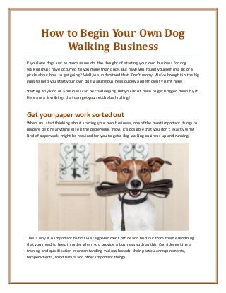 How to Begin Your Own Dog
Walking Business
If you love dogs just as much as we do, the thought of starting your own business for dog
walking must have occurred to you more than once. But have you found yourself in a bit of a
pickle about how to get going? Well, we understand that. Don’t worry. We’ve brought in the big
guns to help you start your own dog walking business quickly and efficiently right here.
Starting any kind of a business can be challenging. But you don’t have to get bogged down by it.
Here are a few things that can get you set the ball rolling!
Get your paper work sortedout
When you start thinking about starting your own business, one of the most important things to
prepare before anything else is the paperwork. Now, it’s possible that you don’t exactly what
kind of paperwork might be required for you to get a dog walking business up and running.
This is why it is important to first visit a government office and find out from them everything
that you need to keep in order when you provide a business such as this. Consider getting a
training and qualification in understanding various breeds, their particular requirements,
temperaments, food habits and other important things.
 