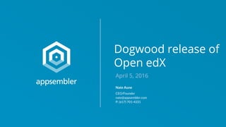 Dogwood release of
Open edX
April 5, 2016
Nate Aune
CEO/Founder
nate@appsembler.com
P: (617) 701-4331
 