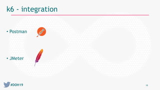 #DOH19 18
k6 - integration
• Postman
• JMeter
 