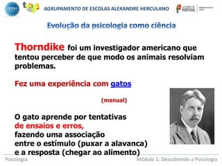 Psicologia Módulo 1: Descobrindo a Psicologia
Thorndike foi um investigador americano que
tentou perceber de que modo os animais resolviam
problemas.
Fez uma experiência com gatos
(manual)
O gato aprende por tentativas
de ensaios e erros,
fazendo uma associação
entre o estímulo (puxar a alavanca)
e a resposta (chegar ao alimento)
AGRUPAMENTO DE ESCOLAS ALEXANDRE HERCULANO
 