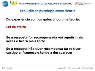 Psicologia Módulo 1: Descobrindo a Psicologia
Da experiência com os gatos criou uma teoria:
Lei do efeito
Se a resposta for recompensada vai repetir mais
vezes e ficará mais forte
Se a resposta não tiver recompensa ou se tiver
castigo enfraquece e tende a desaparecer
AGRUPAMENTO DE ESCOLAS ALEXANDRE HERCULANO
 
