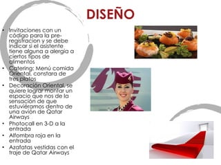 DISEÑO Invitaciones con un código para la pre-registracion y se debe indicar si el asistente tiene alguna a alergia a ciertos tipos de alimentos Catering: Menú comida Oriental, constara de tres platos Decoración Oriental, se quiere lograr montar un espacio que nos de la sensación de que estuviéramos dentro de una avión de Qatar Airways Photocall en 3-D a la entrada Alfombra roja en la entrada Azafatas vestidas con el traje de Qatar Airways 