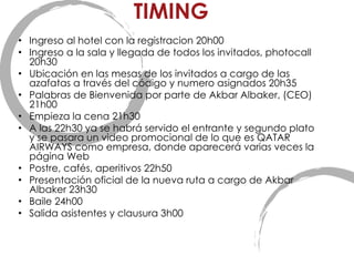 TIMING Ingreso al hotel con la registracion 20h00 Ingreso a la sala y llegada de todos los invitados, photocall 20h30 Ubicación en las mesas de los invitados a cargo de las azafatas a través del código y numero asignados 20h35 Palabras de Bienvenida por parte de Akbar Albaker, (CEO) 21h00 Empieza la cena 21h30 A las 22h30 ya se habrá servido el entrante y segundo plato y se pasara un video promocional de lo que es QATAR AIRWAYS como empresa, donde aparecerá varias veces la página Web Postre, cafés, aperitivos 22h50 Presentación oficial de la nueva ruta a cargo de Akbar Albaker 23h30 Baile 24h00 Salida asistentes y clausura 3h00 