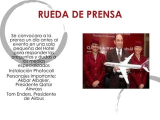 RUEDA DE PRENSA Se convocara a la prensa un día antes al evento en una sala pequeña del Hotel para responder las preguntas y dudas a los medios especializados Instalación Photocall Personajes Importante: Akbar Albaker, Presidente Qatar Airways Tom Enders, Presidente de Airbus 