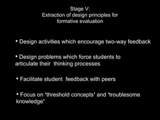 Stage V: 
Extraction of design principles for 
formative evaluation 
• Design activities which encourage two-way feedback 
• Design problems which force students to 
articulate their thinking processes 
• Facilitate student feedback with peers 
• Focus on ‘threshold concepts’ and ‘troublesome 
knowledge’ 
 