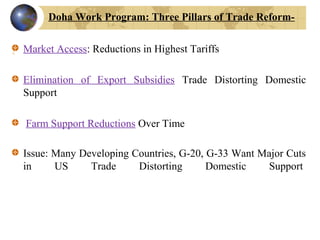  
4 Market Access: Reductions in Highest Tariffs
Elimination  of  Export  Subsidies  Trade  Distorting  Domestic 
Support
 Farm Support Reductions Over Time 
Issue: Many Developing Countries, G-20, G-33 Want Major Cuts 
in  US  Trade  Distorting  Domestic  Support 
Doha Work Program: Three Pillars of Trade Reform-
 