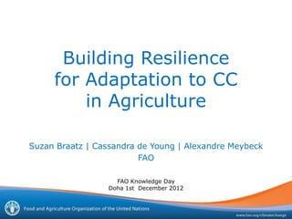 Building Resilience
     for Adaptation to CC
         in Agriculture

Suzan Braatz | Cassandra de Young | Alexandre Meybeck
                         FAO

                    FAO Knowledge Day
                  Doha 1st December 2012
 