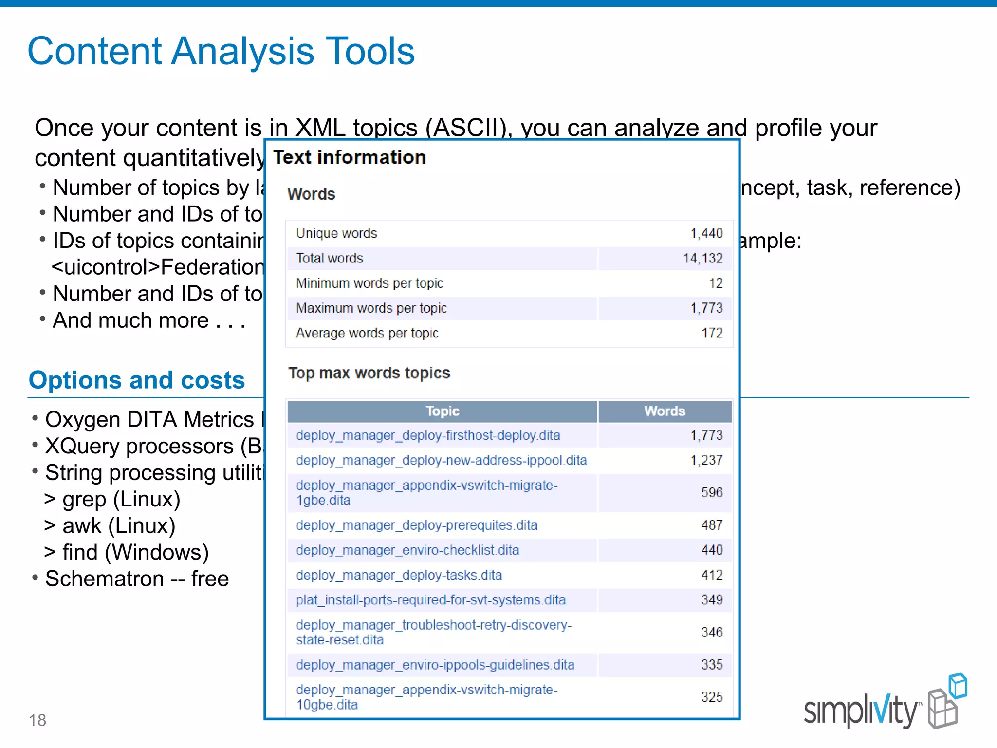 Content Analysis Tools
18
• Number of topics by language, domain (feature area), or topic type (concept, task, reference)
• Number and IDs of topics called by more than one map (topic reuse)
• IDs of topics containing one or more semantic elements/values, for example:
<uicontrol>Federation</uicontrol> or <title>Create . . . </title>
• Number and IDs of topics containing code block examples
• And much more . . .
Options and costs
• Oxygen DITA Metrics Report – free with Oxygen
• XQuery processors (BaseX) -- free
• String processing utilities – free
> grep (Linux)
> awk (Linux)
> find (Windows)
• Schematron -- free
Once your content is in XML topics (ASCII), you can analyze and profile your
content quantitatively.
 