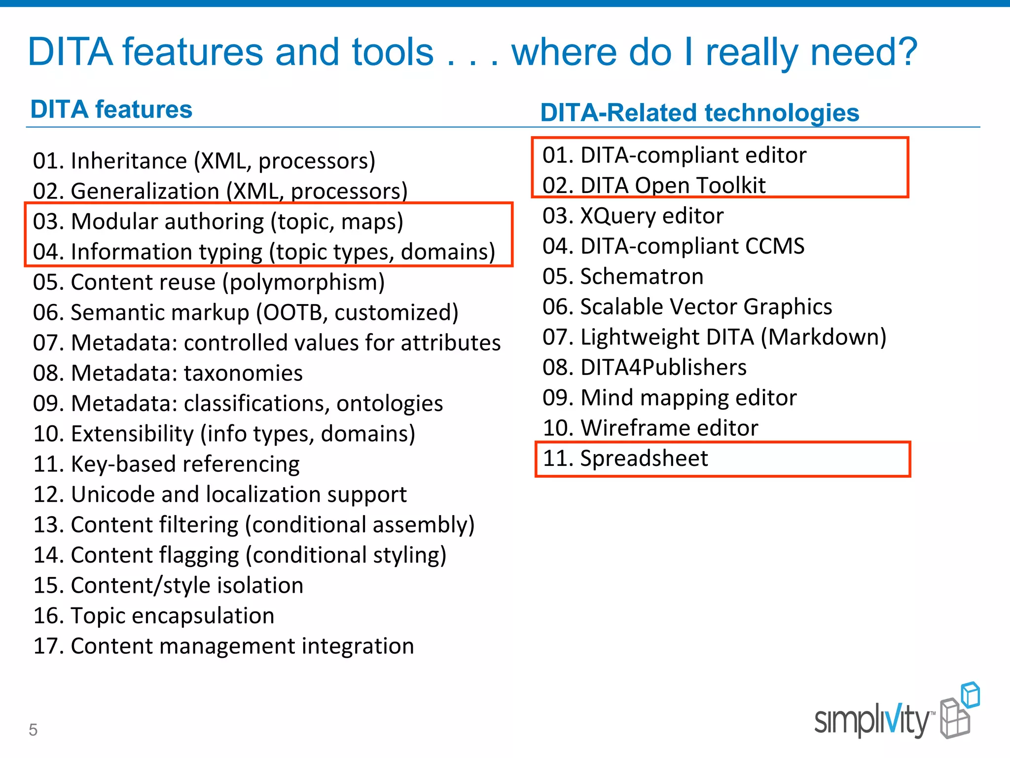 DITA features and tools . . . where do I really need?
5
DITA features DITA-Related technologies
01. DITA-compliant editor
02. DITA Open Toolkit
03. XQuery editor
04. DITA-compliant CCMS
05. Schematron
06. Scalable Vector Graphics
07. Lightweight DITA (Markdown)
08. DITA4Publishers
09. Mind mapping editor
10. Wireframe editor
11. Spreadsheet
01. Inheritance (XML, processors)
02. Generalization (XML, processors)
03. Modular authoring (topic, maps)
04. Information typing (topic types, domains)
05. Content reuse (polymorphism)
06. Semantic markup (OOTB, customized)
07. Metadata: controlled values for attributes
08. Metadata: taxonomies
09. Metadata: classifications, ontologies
10. Extensibility (info types, domains)
11. Key-based referencing
12. Unicode and localization support
13. Content filtering (conditional assembly)
14. Content flagging (conditional styling)
15. Content/style isolation
16. Topic encapsulation
17. Content management integration
 