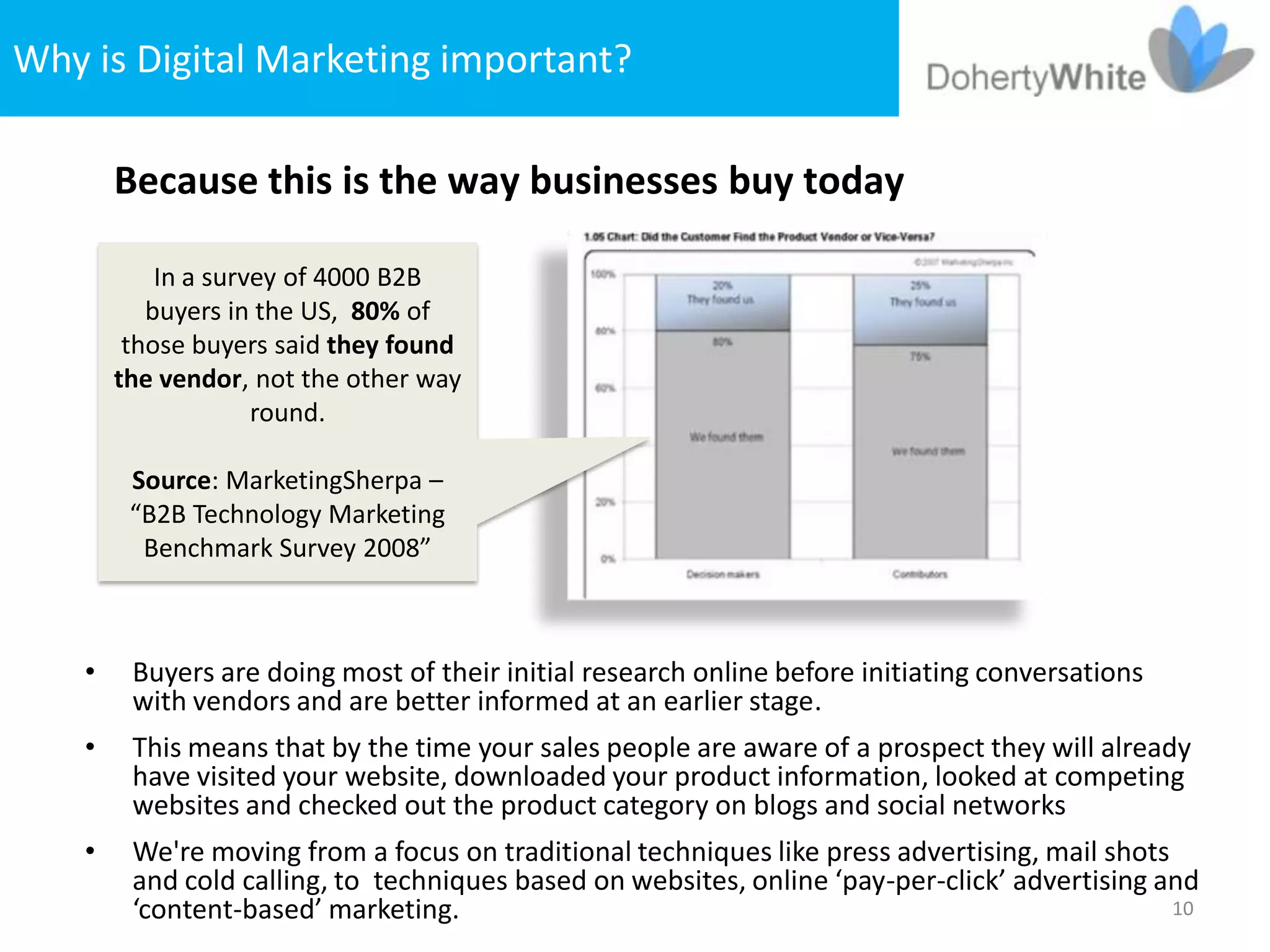 Why is Digital Marketing important?

        Because this is the way businesses buy today

            In a survey of 4000 B2B
           buyers in the US, 80% of
         those buyers said they found
        the vendor, not the other way
                     round.

         Source: MarketingSherpa –
         “B2B Technology Marketing
          Benchmark Survey 2008”



    •    Buyers are doing most of their initial research online before initiating conversations
         with vendors and are better informed at an earlier stage.
    •    This means that by the time your sales people are aware of a prospect they will already
         have visited your website, downloaded your product information, looked at competing
         websites and checked out the product category on blogs and social networks
    •    We're moving from a focus on traditional techniques like press advertising, mail shots
         and cold calling, to techniques based on websites, online ‘pay-per-click’ advertising and
         ‘content-based’ marketing.                                                             10
 