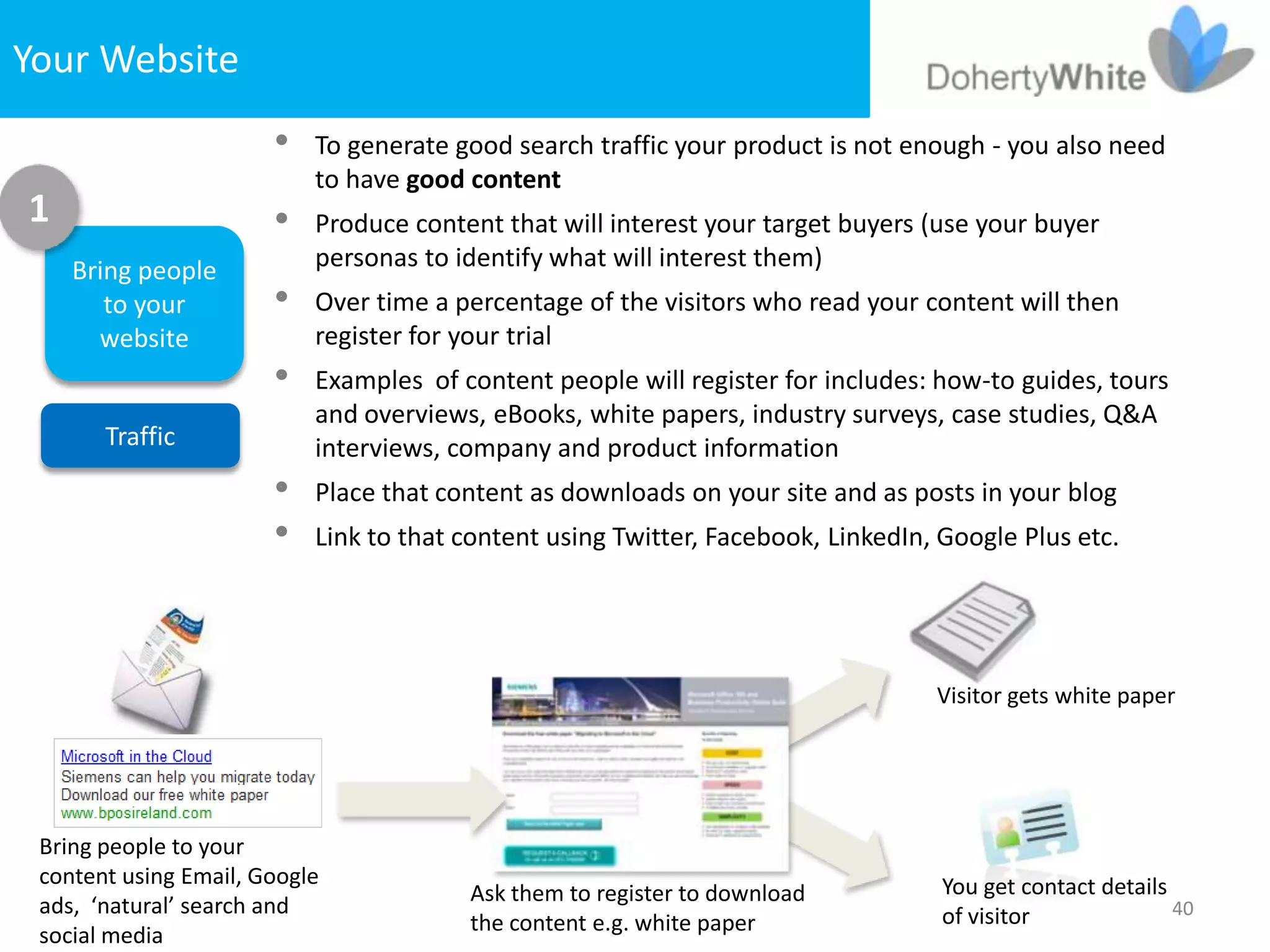 Your Website
                        To generate good search traffic your product is not enough - you also need
                         to have good content
1                       Produce content that will interest your target buyers (use your buyer
    Bring people         personas to identify what will interest them)
       to your          Over time a percentage of the visitors who read your content will then
      website            register for your trial
                        Examples of content people will register for includes: how-to guides, tours
                         and overviews, eBooks, white papers, industry surveys, case studies, Q&A
       Traffic           interviews, company and product information
                        Place that content as downloads on your site and as posts in your blog
                        Link to that content using Twitter, Facebook, LinkedIn, Google Plus etc.




                                                                                 Visitor gets white paper




 Bring people to your
 content using Email, Google                                                     You get contact details
                                        Ask them to register to download
 ads, ‘natural’ search and                                                       of visitor              40
                                        the content e.g. white paper
 social media
 