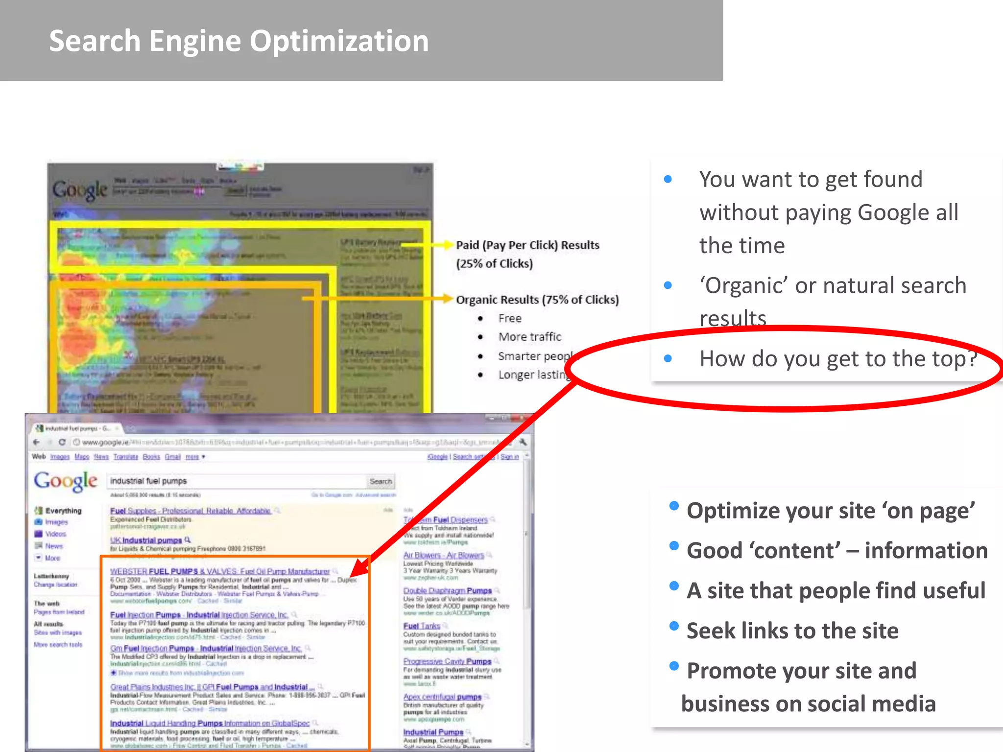 Search Engine Optimization



                             •   You want to get found
                                 without paying Google all
                                 the time
                             •   ‘Organic’ or natural search
                                 results
                             •   How do you get to the top?




                             Optimize your site ‘on page’
                             Good ‘content’ – information
                             A site that people find useful
                             Seek links to the site
                             Promote your site and
                              business on social media
 