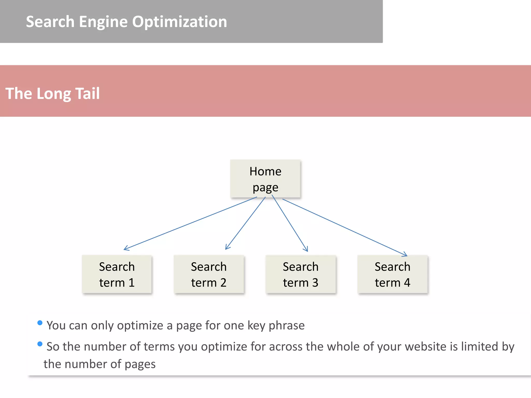 Search Engine Optimization



The Long Tail



                                          Home
                                          page




              Search           Search            Search         Search
              term 1           term 2            term 3         term 4


   You can only optimize a page for one key phrase
   So the number of terms you optimize for across the whole of your website is limited by
    the number of pages
 