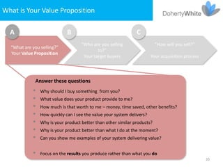 What is Your Value Proposition

  A                         B                                 C
                                   “Who are you selling                 “How will you sell?”
  “What are you selling?”
                                           to?”
  Your Value Proposition
                                    Your target buyers                Your acquisition process




             Answer these questions
             Why should I buy something from you?
             What value does your product provide to me?
             How much is that worth to me – money, time saved, other benefits?
             How quickly can I see the value your system delivers?
             Why is your product better than other similar products?
             Why is your product better than what I do at the moment?
             Can you show me examples of your system delivering value?


             Focus on the results you produce rather than what you do
                                                                                                 20
 