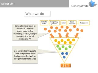 About Us


                       What we do


            Generate more leads at
             the top of the sales
              funnel using online
           marketing – email, Google
             pay-per-click, social
                media and PR




           Use simple techniques to
            filter and process these
           leads more effectively so
           you generate more sales
 
