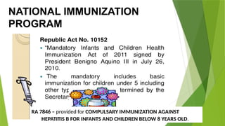 NATIONAL IMMUNIZATION
PROGRAM
RA 7846 – provided for COMPULSARY IMMUNIZATION AGAINST
HEPATITIS B FOR INFANTS AND CHILDREN BELOW 8 YEARS OLD.
 