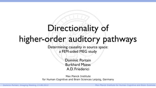 Directionality of
               higher-order auditory pathways
                                          Determining causality in source space:
                                                a FEM-aided MEG study

                                                      Dominic Portain
                                                      Burkhard Maess
                                                       A.D. Friederici
                                                       Max Planck Institute
                                     for Human Cognitive and Brain Sciences Leipzig, Germany

Dominic Portain, Imaging Meeting 13.08.2012                                  Max Planck Institute for Human Cognitive and Brain Sciences
 