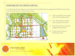HIERARCHY OF GREEN AREAS:-
 A Hierarchy of Green Spaces can be observed in both the layout ranging from Public Greens at City
Level to Semi-Private to Private Green Areas.
1
2
3
4
1) City Level Public Green Space
with Artificial Water Body
2) Free- Flowing Green Space,
connecting the entire site
3) Semi-Private Green Areas for
neighborhood pockets
4) Private Green Areas for
Residential Units
 