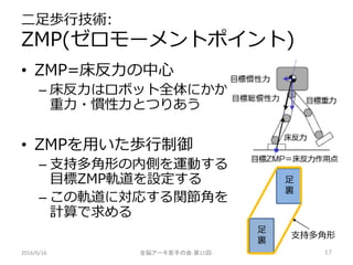 二足歩行技術:
ZMP(ゼロモーメントポイント)
• ZMP=床反力の中心
– 床反力はロボット全体にかかる
重力・慣性力とつりあう
• ZMPを用いた歩行制御
– 支持多角形の内側を運動する
目標ZMP軌道を設定する
– この軌道に対応する関...