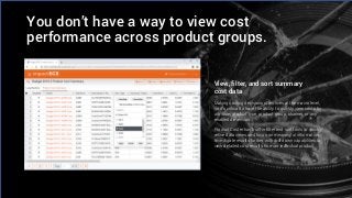 You don’t have a way to view cost
performance across product groups.
View, filter, and sort summary
cost data
Making costing decisions often lives at the macro level,
so it’s critical to have the ability to quickly view costs by
attribute, product type, product group, channel, or any
enabled dimension.
Product Coster has built-in filter and sort tools to quickly
refine data views and focus on meaningful information.
Investigate results further with drill-down capabilities to
view detailed cost results from an individual product.
 