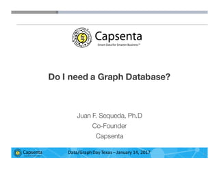Smart Data for Smarter Business | © 2016 Capsenta | capsenta.com
Do I need a Graph Database?
Juan F. Sequeda, Ph.D
Co-Founder
Capsenta
1Data/Graph	
  Day	
  Texas	
  – January	
  14,	
  2017
 