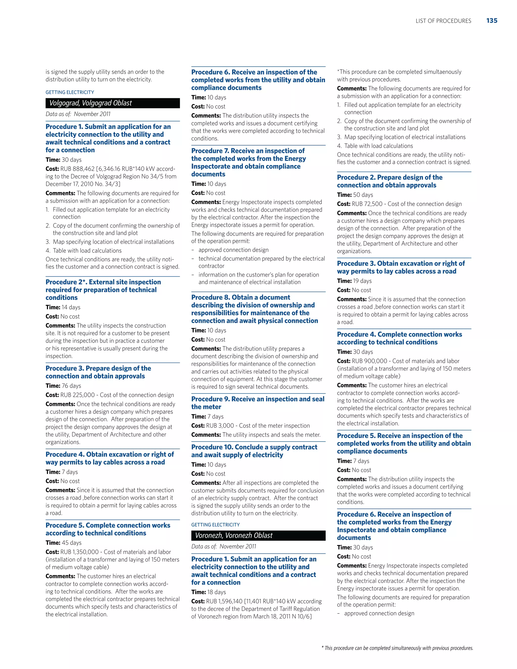 * This procedure can be completed simultaneously with previous procedures.
is signed the supply utility sends an order to the
distribution utility to turn on the electricity.
GETTING ELECTRICITY
Volgograd, Volgograd Oblast
Data as of: November 2011
Procedure 1. Submit an application for an
electricity connection to the utility and
await technical conditions and a contract
for a connection
Time: 30 days
Cost: RUB 888,462 [6,346.16 RUB*140 kW accord-
ing to the Decree of Volgograd Region No 34/5 from
December 17, 2010 No. 34/3]
Comments: The following documents are required for
a submission with an application for a connection:
1. Filled out application template for an electricity
connection
2. Copy of the document conﬁrming the ownership of
the construction site and land plot
3. Map specifying location of electrical installations
4. Table with load calculations
Once technical conditions are ready, the utility noti-
ﬁes the customer and a connection contract is signed.
Procedure 2*. External site inspection
required for preparation of technical
conditions
Time: 14 days
Cost: No cost
Comments: The utility inspects the construction
site. It is not required for a customer to be present
during the inspection but in practice a customer
or his representative is usually present during the
inspection.
Procedure 3. Prepare design of the
connection and obtain approvals
Time: 76 days
Cost: RUB 225,000 - Cost of the connection design
Comments: Once the technical conditions are ready
a customer hires a design company which prepares
design of the connection. After preparation of the
project the design company approves the design at
the utility, Department of Architecture and other
organizations.
Procedure 4. Obtain excavation or right of
way permits to lay cables across a road
Time: 7 days
Cost: No cost
Comments: Since it is assumed that the connection
crosses a road ,before connection works can start it
is required to obtain a permit for laying cables across
a road.
Procedure 5. Complete connection works
according to technical conditions
Time: 45 days
Cost: RUB 1,350,000 - Cost of materials and labor
(installation of a transformer and laying of 150 meters
of medium voltage cable)
Comments: The customer hires an electrical
contractor to complete connection works accord-
ing to technical conditions. After the works are
completed the electrical contractor prepares technical
documents which specify tests and characteristics of
the electrical installation.
Procedure 6. Receive an inspection of the
completed works from the utility and obtain
compliance documents
Time: 10 days
Cost: No cost
Comments: The distribution utility inspects the
completed works and issues a document certifying
that the works were completed according to technical
conditions.
Procedure 7. Receive an inspection of
the completed works from the Energy
Inspectorate and obtain compliance
documents
Time: 10 days
Cost: No cost
Comments: Energy Inspectorate inspects completed
works and checks technical documentation prepared
by the electrical contractor. After the inspection the
Energy inspectorate issues a permit for operation.
The following documents are required for preparation
of the operation permit:
– approved connection design
– technical documentation prepared by the electrical
contractor
– information on the customer’s plan for operation
and maintenance of electrical installation
Procedure 8. Obtain a document
describing the division of ownership and
responsibilities for maintenance of the
connection and await physical connection
Time: 10 days
Cost: No cost
Comments: The distribution utility prepares a
document describing the division of ownership and
responsibilities for maintenance of the connection
and carries out activities related to the physical
connection of equipment. At this stage the customer
is required to sign several technical documents.
Procedure 9. Receive an inspection and seal
the meter
Time: 7 days
Cost: RUB 3,000 - Cost of the meter inspection
Comments: The utility inspects and seals the meter.
Procedure 10. Conclude a supply contract
and await supply of electricity
Time: 10 days
Cost: No cost
Comments: After all inspections are completed the
customer submits documents required for conclusion
of an electricity supply contract. After the contract
is signed the supply utility sends an order to the
distribution utility to turn on the electricity.
GETTING ELECTRICITY
Voronezh, Voronezh Oblast
Data as of: November 2011
Procedure 1. Submit an application for an
electricity connection to the utility and
await technical conditions and a contract
for a connection
Time: 18 days
Cost: RUB 1,596,140 [11,401 RUB*140 kW according
to the decree of the Department of Tariff Regulation
of Voronezh region from March 18, 2011 N 10/6]
*This procedure can be completed simultaenously
with previous procedures.
Comments: The following documents are required for
a submission with an application for a connection:
1. Filled out application template for an electricity
connection
2. Copy of the document conﬁrming the ownership of
the construction site and land plot
3. Map specifying location of electrical installations
4. Table with load calculations
Once technical conditions are ready, the utility noti-
ﬁes the customer and a connection contract is signed.
Procedure 2. Prepare design of the
connection and obtain approvals
Time: 50 days
Cost: RUB 72,500 - Cost of the connection design
Comments: Once the technical conditions are ready
a customer hires a design company which prepares
design of the connection. After preparation of the
project the design company approves the design at
the utility, Department of Architecture and other
organizations.
Procedure 3. Obtain excavation or right of
way permits to lay cables across a road
Time: 19 days
Cost: No cost
Comments: Since it is assumed that the connection
crosses a road ,before connection works can start it
is required to obtain a permit for laying cables across
a road.
Procedure 4. Complete connection works
according to technical conditions
Time: 30 days
Cost: RUB 900,000 - Cost of materials and labor
(installation of a transformer and laying of 150 meters
of medium voltage cable)
Comments: The customer hires an electrical
contractor to complete connection works accord-
ing to technical conditions. After the works are
completed the electrical contractor prepares technical
documents which specify tests and characteristics of
the electrical installation.
Procedure 5. Receive an inspection of the
completed works from the utility and obtain
compliance documents
Time: 7 days
Cost: No cost
Comments: The distribution utility inspects the
completed works and issues a document certifying
that the works were completed according to technical
conditions.
Procedure 6. Receive an inspection of
the completed works from the Energy
Inspectorate and obtain compliance
documents
Time: 30 days
Cost: No cost
Comments: Energy Inspectorate inspects completed
works and checks technical documentation prepared
by the electrical contractor. After the inspection the
Energy inspectorate issues a permit for operation.
The following documents are required for preparation
of the operation permit:
– approved connection design
135LIST OF PROCEDURES
 