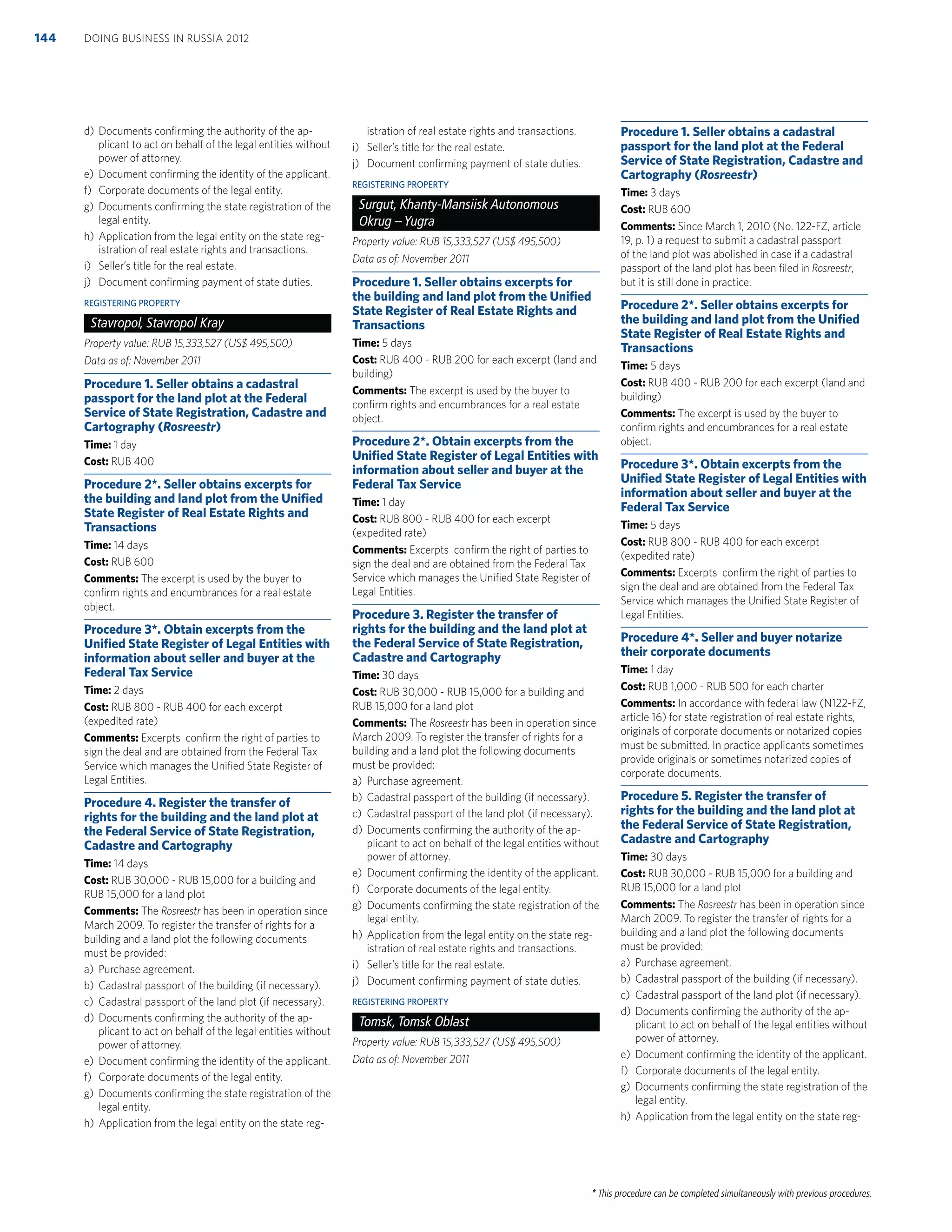 * This procedure can be completed simultaneously with previous procedures.
d) Documents conﬁrming the authority of the ap-
plicant to act on behalf of the legal entities without
power of attorney.
e) Document conﬁrming the identity of the applicant.
f) Corporate documents of the legal entity.
g) Documents conﬁrming the state registration of the
legal entity.
h) Application from the legal entity on the state reg-
istration of real estate rights and transactions.
i) Seller’s title for the real estate.
j) Document conﬁrming payment of state duties.
REGISTERING PROPERTY
Stavropol, Stavropol Kray
Property value: RUB 15,333,527 (US$ 495,500)
Data as of: November 2011
Procedure 1. Seller obtains a cadastral
passport for the land plot at the Federal
Service of State Registration, Cadastre and
Cartography (Rosreestr)
Time: 1 day
Cost: RUB 400
Procedure 2*. Seller obtains excerpts for
the building and land plot from the Uniﬁed
State Register of Real Estate Rights and
Transactions
Time: 14 days
Cost: RUB 600
Comments: The excerpt is used by the buyer to
conﬁrm rights and encumbrances for a real estate
object.
Procedure 3*. Obtain excerpts from the
Uniﬁed State Register of Legal Entities with
information about seller and buyer at the
Federal Tax Service
Time: 2 days
Cost: RUB 800 - RUB 400 for each excerpt
(expedited rate)
Comments: Excerpts conﬁrm the right of parties to
sign the deal and are obtained from the Federal Tax
Service which manages the Uniﬁed State Register of
Legal Entities.
Procedure 4. Register the transfer of
rights for the building and the land plot at
the Federal Service of State Registration,
Cadastre and Cartography
Time: 14 days
Cost: RUB 30,000 - RUB 15,000 for a building and
RUB 15,000 for a land plot
Comments: The Rosreestr has been in operation since
March 2009. To register the transfer of rights for a
building and a land plot the following documents
must be provided:
a) Purchase agreement.
b) Cadastral passport of the building (if necessary).
c) Cadastral passport of the land plot (if necessary).
d) Documents conﬁrming the authority of the ap-
plicant to act on behalf of the legal entities without
power of attorney.
e) Document conﬁrming the identity of the applicant.
f) Corporate documents of the legal entity.
g) Documents conﬁrming the state registration of the
legal entity.
h) Application from the legal entity on the state reg-
istration of real estate rights and transactions.
i) Seller’s title for the real estate.
j) Document conﬁrming payment of state duties.
REGISTERING PROPERTY
Surgut, Khanty-Mansiisk Autonomous
Okrug –Yugra
Property value: RUB 15,333,527 (US$ 495,500)
Data as of: November 2011
Procedure 1. Seller obtains excerpts for
the building and land plot from the Uniﬁed
State Register of Real Estate Rights and
Transactions
Time: 5 days
Cost: RUB 400 - RUB 200 for each excerpt (land and
building)
Comments: The excerpt is used by the buyer to
conﬁrm rights and encumbrances for a real estate
object.
Procedure 2*. Obtain excerpts from the
Uniﬁed State Register of Legal Entities with
information about seller and buyer at the
Federal Tax Service
Time: 1 day
Cost: RUB 800 - RUB 400 for each excerpt
(expedited rate)
Comments: Excerpts conﬁrm the right of parties to
sign the deal and are obtained from the Federal Tax
Service which manages the Uniﬁed State Register of
Legal Entities.
Procedure 3. Register the transfer of
rights for the building and the land plot at
the Federal Service of State Registration,
Cadastre and Cartography
Time: 30 days
Cost: RUB 30,000 - RUB 15,000 for a building and
RUB 15,000 for a land plot
Comments: The Rosreestr has been in operation since
March 2009. To register the transfer of rights for a
building and a land plot the following documents
must be provided:
a) Purchase agreement.
b) Cadastral passport of the building (if necessary).
c) Cadastral passport of the land plot (if necessary).
d) Documents conﬁrming the authority of the ap-
plicant to act on behalf of the legal entities without
power of attorney.
e) Document conﬁrming the identity of the applicant.
f) Corporate documents of the legal entity.
g) Documents conﬁrming the state registration of the
legal entity.
h) Application from the legal entity on the state reg-
istration of real estate rights and transactions.
i) Seller’s title for the real estate.
j) Document conﬁrming payment of state duties.
REGISTERING PROPERTY
Tomsk, Tomsk Oblast
Property value: RUB 15,333,527 (US$ 495,500)
Data as of: November 2011
Procedure 1. Seller obtains a cadastral
passport for the land plot at the Federal
Service of State Registration, Cadastre and
Cartography (Rosreestr)
Time: 3 days
Cost: RUB 600
Comments: Since March 1, 2010 (No. 122-FZ, article
19, p. 1) a request to submit a cadastral passport
of the land plot was abolished in case if a cadastral
passport of the land plot has been ﬁled in Rosreestr,
but it is still done in practice.
Procedure 2*. Seller obtains excerpts for
the building and land plot from the Uniﬁed
State Register of Real Estate Rights and
Transactions
Time: 5 days
Cost: RUB 400 - RUB 200 for each excerpt (land and
building)
Comments: The excerpt is used by the buyer to
conﬁrm rights and encumbrances for a real estate
object.
Procedure 3*. Obtain excerpts from the
Uniﬁed State Register of Legal Entities with
information about seller and buyer at the
Federal Tax Service
Time: 5 days
Cost: RUB 800 - RUB 400 for each excerpt
(expedited rate)
Comments: Excerpts conﬁrm the right of parties to
sign the deal and are obtained from the Federal Tax
Service which manages the Uniﬁed State Register of
Legal Entities.
Procedure 4*. Seller and buyer notarize
their corporate documents
Time: 1 day
Cost: RUB 1,000 - RUB 500 for each charter
Comments: In accordance with federal law (N122-FZ,
article 16) for state registration of real estate rights,
originals of corporate documents or notarized copies
must be submitted. In practice applicants sometimes
provide originals or sometimes notarized copies of
corporate documents.
Procedure 5. Register the transfer of
rights for the building and the land plot at
the Federal Service of State Registration,
Cadastre and Cartography
Time: 30 days
Cost: RUB 30,000 - RUB 15,000 for a building and
RUB 15,000 for a land plot
Comments: The Rosreestr has been in operation since
March 2009. To register the transfer of rights for a
building and a land plot the following documents
must be provided:
a) Purchase agreement.
b) Cadastral passport of the building (if necessary).
c) Cadastral passport of the land plot (if necessary).
d) Documents conﬁrming the authority of the ap-
plicant to act on behalf of the legal entities without
power of attorney.
e) Document conﬁrming the identity of the applicant.
f) Corporate documents of the legal entity.
g) Documents conﬁrming the state registration of the
legal entity.
h) Application from the legal entity on the state reg-
DOING BUSINESS IN RUSSIA 2012144
 