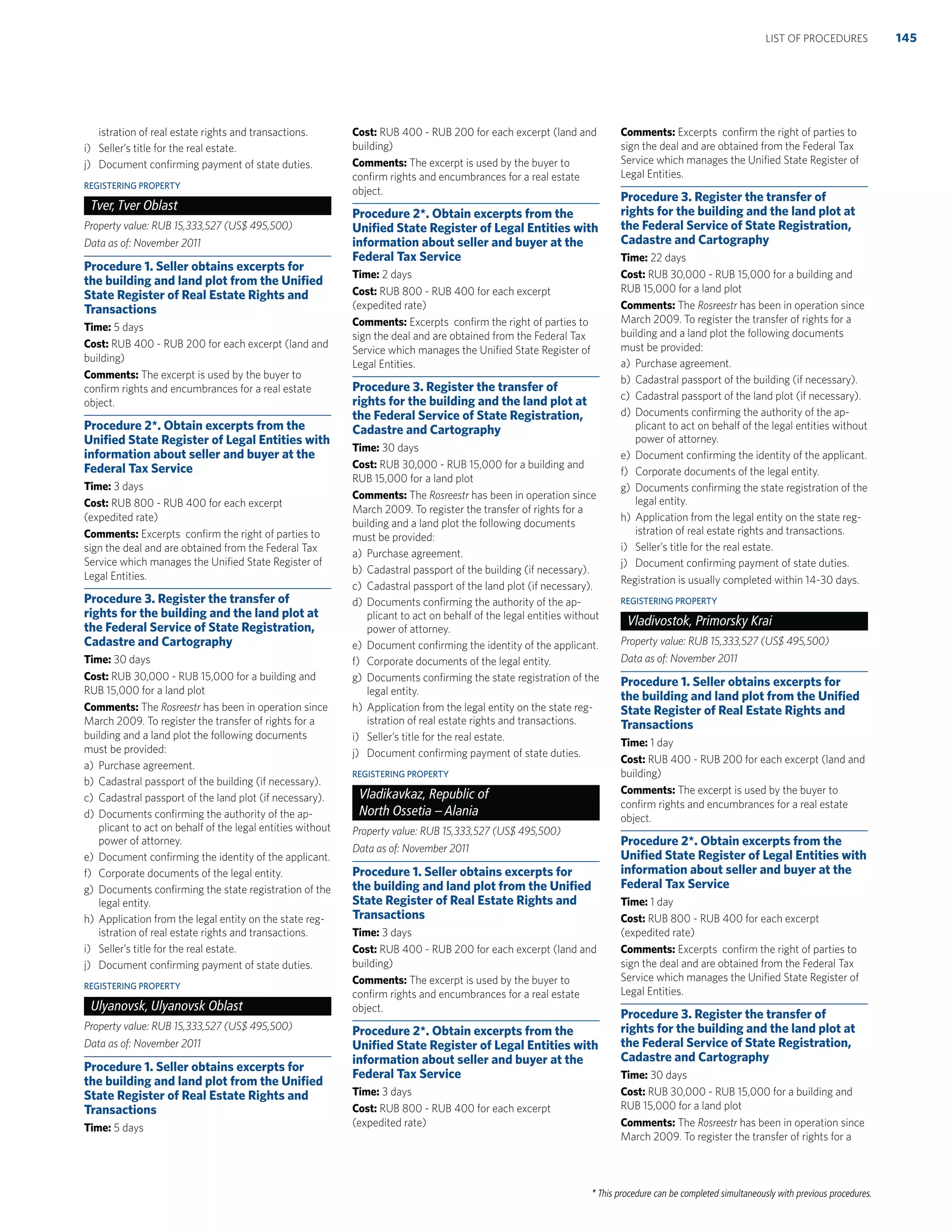 * This procedure can be completed simultaneously with previous procedures.
istration of real estate rights and transactions.
i) Seller’s title for the real estate.
j) Document conﬁrming payment of state duties.
REGISTERING PROPERTY
Tver, Tver Oblast
Property value: RUB 15,333,527 (US$ 495,500)
Data as of: November 2011
Procedure 1. Seller obtains excerpts for
the building and land plot from the Uniﬁed
State Register of Real Estate Rights and
Transactions
Time: 5 days
Cost: RUB 400 - RUB 200 for each excerpt (land and
building)
Comments: The excerpt is used by the buyer to
conﬁrm rights and encumbrances for a real estate
object.
Procedure 2*. Obtain excerpts from the
Uniﬁed State Register of Legal Entities with
information about seller and buyer at the
Federal Tax Service
Time: 3 days
Cost: RUB 800 - RUB 400 for each excerpt
(expedited rate)
Comments: Excerpts conﬁrm the right of parties to
sign the deal and are obtained from the Federal Tax
Service which manages the Uniﬁed State Register of
Legal Entities.
Procedure 3. Register the transfer of
rights for the building and the land plot at
the Federal Service of State Registration,
Cadastre and Cartography
Time: 30 days
Cost: RUB 30,000 - RUB 15,000 for a building and
RUB 15,000 for a land plot
Comments: The Rosreestr has been in operation since
March 2009. To register the transfer of rights for a
building and a land plot the following documents
must be provided:
a) Purchase agreement.
b) Cadastral passport of the building (if necessary).
c) Cadastral passport of the land plot (if necessary).
d) Documents conﬁrming the authority of the ap-
plicant to act on behalf of the legal entities without
power of attorney.
e) Document conﬁrming the identity of the applicant.
f) Corporate documents of the legal entity.
g) Documents conﬁrming the state registration of the
legal entity.
h) Application from the legal entity on the state reg-
istration of real estate rights and transactions.
i) Seller’s title for the real estate.
j) Document conﬁrming payment of state duties.
REGISTERING PROPERTY
Ulyanovsk, Ulyanovsk Oblast
Property value: RUB 15,333,527 (US$ 495,500)
Data as of: November 2011
Procedure 1. Seller obtains excerpts for
the building and land plot from the Uniﬁed
State Register of Real Estate Rights and
Transactions
Time: 5 days
Cost: RUB 400 - RUB 200 for each excerpt (land and
building)
Comments: The excerpt is used by the buyer to
conﬁrm rights and encumbrances for a real estate
object.
Procedure 2*. Obtain excerpts from the
Uniﬁed State Register of Legal Entities with
information about seller and buyer at the
Federal Tax Service
Time: 2 days
Cost: RUB 800 - RUB 400 for each excerpt
(expedited rate)
Comments: Excerpts conﬁrm the right of parties to
sign the deal and are obtained from the Federal Tax
Service which manages the Uniﬁed State Register of
Legal Entities.
Procedure 3. Register the transfer of
rights for the building and the land plot at
the Federal Service of State Registration,
Cadastre and Cartography
Time: 30 days
Cost: RUB 30,000 - RUB 15,000 for a building and
RUB 15,000 for a land plot
Comments: The Rosreestr has been in operation since
March 2009. To register the transfer of rights for a
building and a land plot the following documents
must be provided:
a) Purchase agreement.
b) Cadastral passport of the building (if necessary).
c) Cadastral passport of the land plot (if necessary).
d) Documents conﬁrming the authority of the ap-
plicant to act on behalf of the legal entities without
power of attorney.
e) Document conﬁrming the identity of the applicant.
f) Corporate documents of the legal entity.
g) Documents conﬁrming the state registration of the
legal entity.
h) Application from the legal entity on the state reg-
istration of real estate rights and transactions.
i) Seller’s title for the real estate.
j) Document conﬁrming payment of state duties.
REGISTERING PROPERTY
Vladikavkaz, Republic of
North Ossetia – Alania
Property value: RUB 15,333,527 (US$ 495,500)
Data as of: November 2011
Procedure 1. Seller obtains excerpts for
the building and land plot from the Uniﬁed
State Register of Real Estate Rights and
Transactions
Time: 3 days
Cost: RUB 400 - RUB 200 for each excerpt (land and
building)
Comments: The excerpt is used by the buyer to
conﬁrm rights and encumbrances for a real estate
object.
Procedure 2*. Obtain excerpts from the
Uniﬁed State Register of Legal Entities with
information about seller and buyer at the
Federal Tax Service
Time: 3 days
Cost: RUB 800 - RUB 400 for each excerpt
(expedited rate)
Comments: Excerpts conﬁrm the right of parties to
sign the deal and are obtained from the Federal Tax
Service which manages the Uniﬁed State Register of
Legal Entities.
Procedure 3. Register the transfer of
rights for the building and the land plot at
the Federal Service of State Registration,
Cadastre and Cartography
Time: 22 days
Cost: RUB 30,000 - RUB 15,000 for a building and
RUB 15,000 for a land plot
Comments: The Rosreestr has been in operation since
March 2009. To register the transfer of rights for a
building and a land plot the following documents
must be provided:
a) Purchase agreement.
b) Cadastral passport of the building (if necessary).
c) Cadastral passport of the land plot (if necessary).
d) Documents conﬁrming the authority of the ap-
plicant to act on behalf of the legal entities without
power of attorney.
e) Document conﬁrming the identity of the applicant.
f) Corporate documents of the legal entity.
g) Documents conﬁrming the state registration of the
legal entity.
h) Application from the legal entity on the state reg-
istration of real estate rights and transactions.
i) Seller’s title for the real estate.
j) Document conﬁrming payment of state duties.
Registration is usually completed within 14-30 days.
REGISTERING PROPERTY
Vladivostok, Primorsky Krai
Property value: RUB 15,333,527 (US$ 495,500)
Data as of: November 2011
Procedure 1. Seller obtains excerpts for
the building and land plot from the Uniﬁed
State Register of Real Estate Rights and
Transactions
Time: 1 day
Cost: RUB 400 - RUB 200 for each excerpt (land and
building)
Comments: The excerpt is used by the buyer to
conﬁrm rights and encumbrances for a real estate
object.
Procedure 2*. Obtain excerpts from the
Uniﬁed State Register of Legal Entities with
information about seller and buyer at the
Federal Tax Service
Time: 1 day
Cost: RUB 800 - RUB 400 for each excerpt
(expedited rate)
Comments: Excerpts conﬁrm the right of parties to
sign the deal and are obtained from the Federal Tax
Service which manages the Uniﬁed State Register of
Legal Entities.
Procedure 3. Register the transfer of
rights for the building and the land plot at
the Federal Service of State Registration,
Cadastre and Cartography
Time: 30 days
Cost: RUB 30,000 - RUB 15,000 for a building and
RUB 15,000 for a land plot
Comments: The Rosreestr has been in operation since
March 2009. To register the transfer of rights for a
145LIST OF PROCEDURES
 