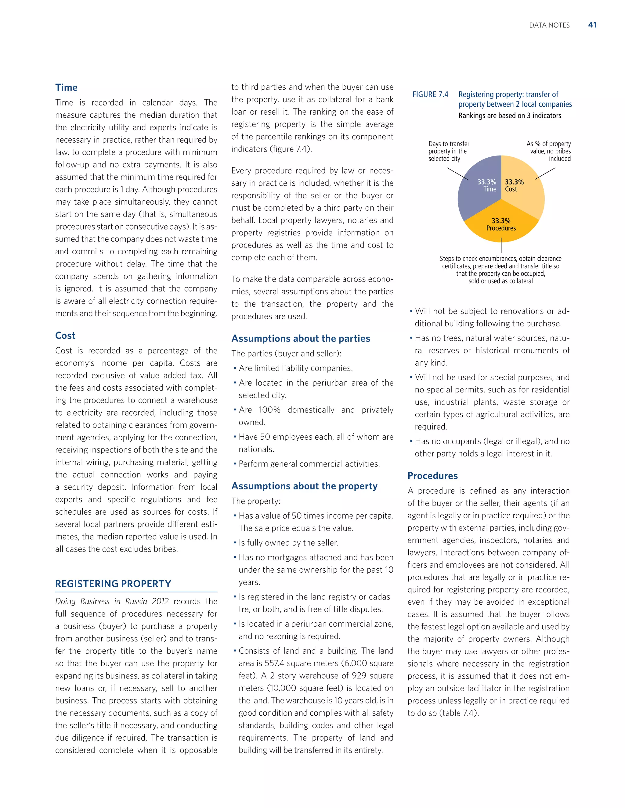 Time
Time is recorded in calendar days. The
measure captures the median duration that
the electricity utility and experts indicate is
necessary in practice, rather than required by
law, to complete a procedure with minimum
follow-up and no extra payments. It is also
assumed that the minimum time required for
each procedure is 1 day. Although procedures
may take place simultaneously, they cannot
start on the same day (that is, simultaneous
procedures start on consecutive days). It is as-
sumed that the company does not waste time
and commits to completing each remaining
procedure without delay. The time that the
company spends on gathering information
is ignored. It is assumed that the company
is aware of all electricity connection require-
ments and their sequence from the beginning.
Cost
Cost is recorded as a percentage of the
economy’s income per capita. Costs are
recorded exclusive of value added tax. All
the fees and costs associated with complet-
ing the procedures to connect a warehouse
to electricity are recorded, including those
related to obtaining clearances from govern-
ment agencies, applying for the connection,
receiving inspections of both the site and the
internal wiring, purchasing material, getting
the actual connection works and paying
a security deposit. Information from local
experts and speciﬁc regulations and fee
schedules are used as sources for costs. If
several local partners provide different esti-
mates, the median reported value is used. In
all cases the cost excludes bribes.
REGISTERING PROPERTY
Doing Business in Russia 2012 records the
full sequence of procedures necessary for
a business (buyer) to purchase a property
from another business (seller) and to trans-
fer the property title to the buyer’s name
so that the buyer can use the property for
expanding its business, as collateral in taking
new loans or, if necessary, sell to another
business. The process starts with obtaining
the necessary documents, such as a copy of
the seller’s title if necessary, and conducting
due diligence if required. The transaction is
considered complete when it is opposable
to third parties and when the buyer can use
the property, use it as collateral for a bank
loan or resell it. The ranking on the ease of
registering property is the simple average
of the percentile rankings on its component
indicators (ﬁgure 7.4).
Every procedure required by law or neces-
sary in practice is included, whether it is the
responsibility of the seller or the buyer or
must be completed by a third party on their
behalf. Local property lawyers, notaries and
property registries provide information on
procedures as well as the time and cost to
complete each of them.
To make the data comparable across econo-
mies, several assumptions about the parties
to the transaction, the property and the
procedures are used.
Assumptions about the parties
The parties (buyer and seller):
Are limited liability companies.
Are located in the periurban area of the
selected city.
Are 100% domestically and privately
owned.
Have 50 employees each, all of whom are
nationals.
Perform general commercial activities.
Assumptions about the property
The property:
Has a value of 50 times income per capita.
The sale price equals the value.
Is fully owned by the seller.
Has no mortgages attached and has been
under the same ownership for the past 10
years.
Is registered in the land registry or cadas-
tre, or both, and is free of title disputes.
Is located in a periurban commercial zone,
and no rezoning is required.
Consists of land and a building. The land
area is 557.4 square meters (6,000 square
feet). A 2-story warehouse of 929 square
meters (10,000 square feet) is located on
the land. The warehouse is 10 years old, is in
good condition and complies with all safety
standards, building codes and other legal
requirements. The property of land and
building will be transferred in its entirety.
Will not be subject to renovations or ad-
ditional building following the purchase.
Has no trees, natural water sources, natu-
ral reserves or historical monuments of
any kind.
Will not be used for special purposes, and
no special permits, such as for residential
use, industrial plants, waste storage or
certain types of agricultural activities, are
required.
Has no occupants (legal or illegal), and no
other party holds a legal interest in it.
Procedures
A procedure is deﬁned as any interaction
of the buyer or the seller, their agents (if an
agent is legally or in practice required) or the
property with external parties, including gov-
ernment agencies, inspectors, notaries and
lawyers. Interactions between company of-
ﬁcers and employees are not considered. All
procedures that are legally or in practice re-
quired for registering property are recorded,
even if they may be avoided in exceptional
cases. It is assumed that the buyer follows
the fastest legal option available and used by
the majority of property owners. Although
the buyer may use lawyers or other profes-
sionals where necessary in the registration
process, it is assumed that it does not em-
ploy an outside facilitator in the registration
process unless legally or in practice required
to do so (table 7.4).
Steps to check encumbrances, obtain clearance
certificates, prepare deed and transfer title so
that the property can be occupied,
sold or used as collateral
As % of property
value, no bribes
included
Days to transfer
property in the
selected city
33.3%
Time
33.3%
Cost
33.3%
Procedures
FIGURE 7.4 Registering property: transfer of
property between 2 local companies
Rankings are based on 3 indicators
41DATA NOTES
 