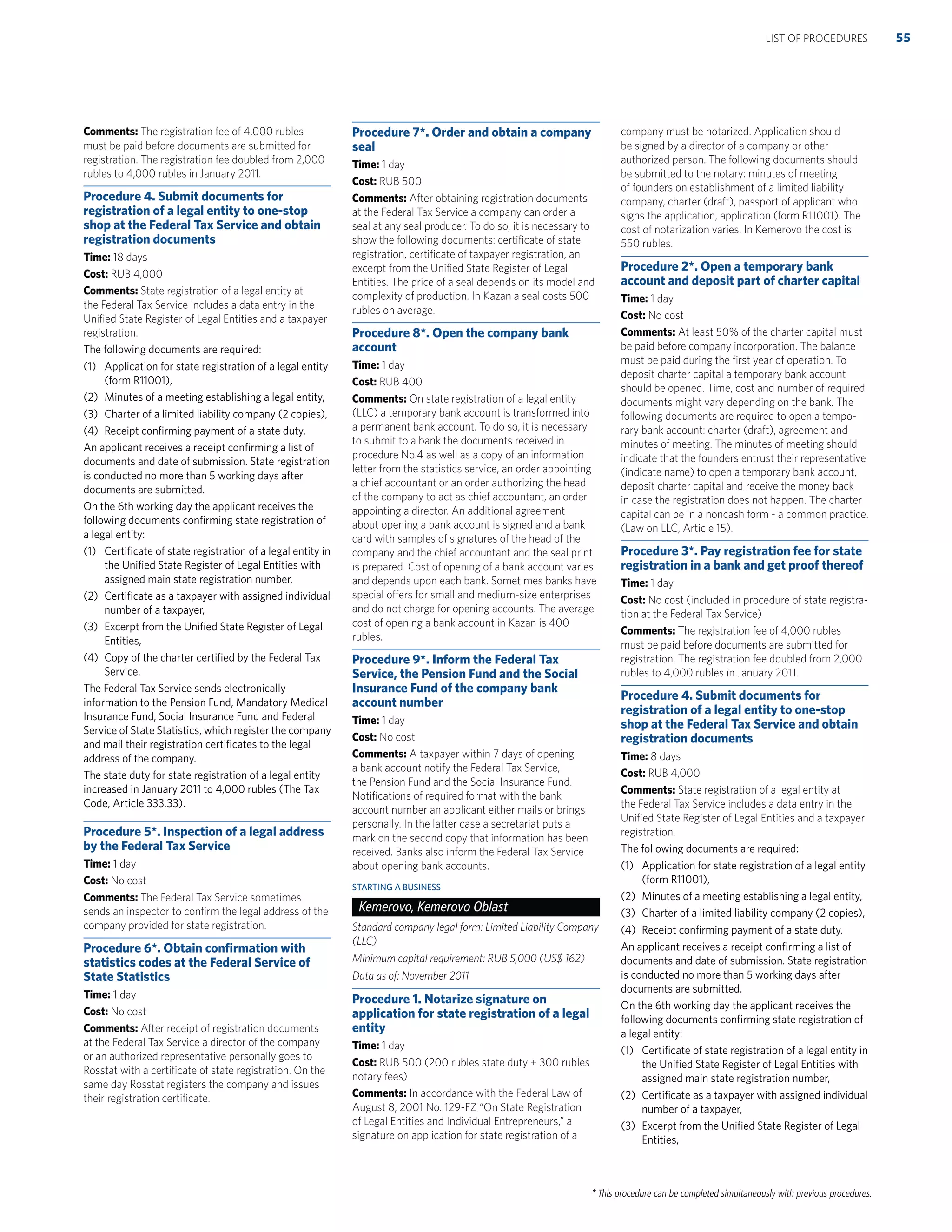 * This procedure can be completed simultaneously with previous procedures.
Comments: The registration fee of 4,000 rubles
must be paid before documents are submitted for
registration. The registration fee doubled from 2,000
rubles to 4,000 rubles in January 2011.
Procedure 4. Submit documents for
registration of a legal entity to one-stop
shop at the Federal Tax Service and obtain
registration documents
Time: 18 days
Cost: RUB 4,000
Comments: State registration of a legal entity at
the Federal Tax Service includes a data entry in the
Uniﬁed State Register of Legal Entities and a taxpayer
registration.
The following documents are required:
(1) Application for state registration of a legal entity
(form R11001),
(2) Minutes of a meeting establishing a legal entity,
(3) Charter of a limited liability company (2 copies),
(4) Receipt conﬁrming payment of a state duty.
An applicant receives a receipt conﬁrming a list of
documents and date of submission. State registration
is conducted no more than 5 working days after
documents are submitted.
On the 6th working day the applicant receives the
following documents conﬁrming state registration of
a legal entity:
(1) Certiﬁcate of state registration of a legal entity in
the Uniﬁed State Register of Legal Entities with
assigned main state registration number,
(2) Certiﬁcate as a taxpayer with assigned individual
number of a taxpayer,
(3) Excerpt from the Uniﬁed State Register of Legal
Entities,
(4) Copy of the charter certiﬁed by the Federal Tax
Service.
The Federal Tax Service sends electronically
information to the Pension Fund, Mandatory Medical
Insurance Fund, Social Insurance Fund and Federal
Service of State Statistics, which register the company
and mail their registration certiﬁcates to the legal
address of the company.
The state duty for state registration of a legal entity
increased in January 2011 to 4,000 rubles (The Tax
Code, Article 333.33).
Procedure 5*. Inspection of a legal address
by the Federal Tax Service
Time: 1 day
Cost: No cost
Comments: The Federal Tax Service sometimes
sends an inspector to conﬁrm the legal address of the
company provided for state registration.
Procedure 6*. Obtain conﬁrmation with
statistics codes at the Federal Service of
State Statistics
Time: 1 day
Cost: No cost
Comments: After receipt of registration documents
at the Federal Tax Service a director of the company
or an authorized representative personally goes to
Rosstat with a certiﬁcate of state registration. On the
same day Rosstat registers the company and issues
their registration certiﬁcate.
Procedure 7*. Order and obtain a company
seal
Time: 1 day
Cost: RUB 500
Comments: After obtaining registration documents
at the Federal Tax Service a company can order a
seal at any seal producer. To do so, it is necessary to
show the following documents: certiﬁcate of state
registration, certiﬁcate of taxpayer registration, an
excerpt from the Uniﬁed State Register of Legal
Entities. The price of a seal depends on its model and
complexity of production. In Kazan a seal costs 500
rubles on average.
Procedure 8*. Open the company bank
account
Time: 1 day
Cost: RUB 400
Comments: On state registration of a legal entity
(LLC) a temporary bank account is transformed into
a permanent bank account. To do so, it is necessary
to submit to a bank the documents received in
procedure No.4 as well as a copy of an information
letter from the statistics service, an order appointing
a chief accountant or an order authorizing the head
of the company to act as chief accountant, an order
appointing a director. An additional agreement
about opening a bank account is signed and a bank
card with samples of signatures of the head of the
company and the chief accountant and the seal print
is prepared. Cost of opening of a bank account varies
and depends upon each bank. Sometimes banks have
special offers for small and medium-size enterprises
and do not charge for opening accounts. The average
cost of opening a bank account in Kazan is 400
rubles.
Procedure 9*. Inform the Federal Tax
Service, the Pension Fund and the Social
Insurance Fund of the company bank
account number
Time: 1 day
Cost: No cost
Comments: A taxpayer within 7 days of opening
a bank account notify the Federal Tax Service,
the Pension Fund and the Social Insurance Fund.
Notiﬁcations of required format with the bank
account number an applicant either mails or brings
personally. In the latter case a secretariat puts a
mark on the second copy that information has been
received. Banks also inform the Federal Tax Service
about opening bank accounts.
STARTING A BUSINESS
Kemerovo, Kemerovo Oblast
Standard company legal form: Limited Liability Company
(LLC)
Minimum capital requirement: RUB 5,000 (US$ 162)
Data as of: November 2011
Procedure 1. Notarize signature on
application for state registration of a legal
entity
Time: 1 day
Cost: RUB 500 (200 rubles state duty + 300 rubles
notary fees)
Comments: In accordance with the Federal Law of
August 8, 2001 No. 129-FZ “On State Registration
of Legal Entities and Individual Entrepreneurs,” a
signature on application for state registration of a
company must be notarized. Application should
be signed by a director of a company or other
authorized person. The following documents should
be submitted to the notary: minutes of meeting
of founders on establishment of a limited liability
company, charter (draft), passport of applicant who
signs the application, application (form R11001). The
cost of notarization varies. In Kemerovo the cost is
550 rubles.
Procedure 2*. Open a temporary bank
account and deposit part of charter capital
Time: 1 day
Cost: No cost
Comments: At least 50% of the charter capital must
be paid before company incorporation. The balance
must be paid during the ﬁrst year of operation. To
deposit charter capital a temporary bank account
should be opened. Time, cost and number of required
documents might vary depending on the bank. The
following documents are required to open a tempo-
rary bank account: charter (draft), agreement and
minutes of meeting. The minutes of meeting should
indicate that the founders entrust their representative
(indicate name) to open a temporary bank account,
deposit charter capital and receive the money back
in case the registration does not happen. The charter
capital can be in a noncash form - a common practice.
(Law on LLC, Article 15).
Procedure 3*. Pay registration fee for state
registration in a bank and get proof thereof
Time: 1 day
Cost: No cost (included in procedure of state registra-
tion at the Federal Tax Service)
Comments: The registration fee of 4,000 rubles
must be paid before documents are submitted for
registration. The registration fee doubled from 2,000
rubles to 4,000 rubles in January 2011.
Procedure 4. Submit documents for
registration of a legal entity to one-stop
shop at the Federal Tax Service and obtain
registration documents
Time: 8 days
Cost: RUB 4,000
Comments: State registration of a legal entity at
the Federal Tax Service includes a data entry in the
Uniﬁed State Register of Legal Entities and a taxpayer
registration.
The following documents are required:
(1) Application for state registration of a legal entity
(form R11001),
(2) Minutes of a meeting establishing a legal entity,
(3) Charter of a limited liability company (2 copies),
(4) Receipt conﬁrming payment of a state duty.
An applicant receives a receipt conﬁrming a list of
documents and date of submission. State registration
is conducted no more than 5 working days after
documents are submitted.
On the 6th working day the applicant receives the
following documents conﬁrming state registration of
a legal entity:
(1) Certiﬁcate of state registration of a legal entity in
the Uniﬁed State Register of Legal Entities with
assigned main state registration number,
(2) Certiﬁcate as a taxpayer with assigned individual
number of a taxpayer,
(3) Excerpt from the Uniﬁed State Register of Legal
Entities,
55LIST OF PROCEDURES
 