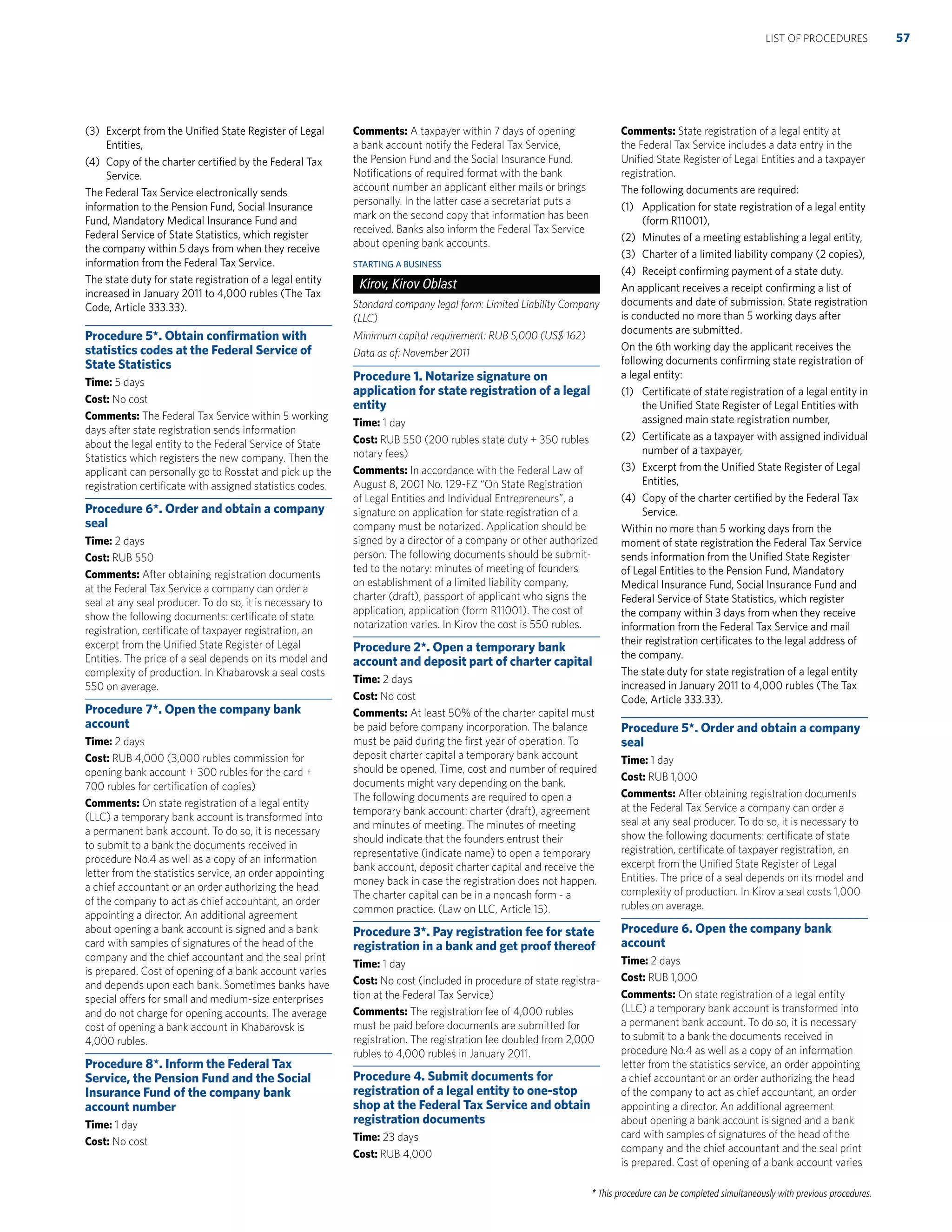 * This procedure can be completed simultaneously with previous procedures.
(3) Excerpt from the Uniﬁed State Register of Legal
Entities,
(4) Copy of the charter certiﬁed by the Federal Tax
Service.
The Federal Tax Service electronically sends
information to the Pension Fund, Social Insurance
Fund, Mandatory Medical Insurance Fund and
Federal Service of State Statistics, which register
the company within 5 days from when they receive
information from the Federal Tax Service.
The state duty for state registration of a legal entity
increased in January 2011 to 4,000 rubles (The Tax
Code, Article 333.33).
Procedure 5*. Obtain conﬁrmation with
statistics codes at the Federal Service of
State Statistics
Time: 5 days
Cost: No cost
Comments: The Federal Tax Service within 5 working
days after state registration sends information
about the legal entity to the Federal Service of State
Statistics which registers the new company. Then the
applicant can personally go to Rosstat and pick up the
registration certiﬁcate with assigned statistics codes.
Procedure 6*. Order and obtain a company
seal
Time: 2 days
Cost: RUB 550
Comments: After obtaining registration documents
at the Federal Tax Service a company can order a
seal at any seal producer. To do so, it is necessary to
show the following documents: certiﬁcate of state
registration, certiﬁcate of taxpayer registration, an
excerpt from the Uniﬁed State Register of Legal
Entities. The price of a seal depends on its model and
complexity of production. In Khabarovsk a seal costs
550 on average.
Procedure 7*. Open the company bank
account
Time: 2 days
Cost: RUB 4,000 (3,000 rubles commission for
opening bank account + 300 rubles for the card +
700 rubles for certiﬁcation of copies)
Comments: On state registration of a legal entity
(LLC) a temporary bank account is transformed into
a permanent bank account. To do so, it is necessary
to submit to a bank the documents received in
procedure No.4 as well as a copy of an information
letter from the statistics service, an order appointing
a chief accountant or an order authorizing the head
of the company to act as chief accountant, an order
appointing a director. An additional agreement
about opening a bank account is signed and a bank
card with samples of signatures of the head of the
company and the chief accountant and the seal print
is prepared. Cost of opening of a bank account varies
and depends upon each bank. Sometimes banks have
special offers for small and medium-size enterprises
and do not charge for opening accounts. The average
cost of opening a bank account in Khabarovsk is
4,000 rubles.
Procedure 8*. Inform the Federal Tax
Service, the Pension Fund and the Social
Insurance Fund of the company bank
account number
Time: 1 day
Cost: No cost
Comments: A taxpayer within 7 days of opening
a bank account notify the Federal Tax Service,
the Pension Fund and the Social Insurance Fund.
Notiﬁcations of required format with the bank
account number an applicant either mails or brings
personally. In the latter case a secretariat puts a
mark on the second copy that information has been
received. Banks also inform the Federal Tax Service
about opening bank accounts.
STARTING A BUSINESS
Kirov, Kirov Oblast
Standard company legal form: Limited Liability Company
(LLC)
Minimum capital requirement: RUB 5,000 (US$ 162)
Data as of: November 2011
Procedure 1. Notarize signature on
application for state registration of a legal
entity
Time: 1 day
Cost: RUB 550 (200 rubles state duty + 350 rubles
notary fees)
Comments: In accordance with the Federal Law of
August 8, 2001 No. 129-FZ “On State Registration
of Legal Entities and Individual Entrepreneurs”, a
signature on application for state registration of a
company must be notarized. Application should be
signed by a director of a company or other authorized
person. The following documents should be submit-
ted to the notary: minutes of meeting of founders
on establishment of a limited liability company,
charter (draft), passport of applicant who signs the
application, application (form R11001). The cost of
notarization varies. In Kirov the cost is 550 rubles.
Procedure 2*. Open a temporary bank
account and deposit part of charter capital
Time: 2 days
Cost: No cost
Comments: At least 50% of the charter capital must
be paid before company incorporation. The balance
must be paid during the ﬁrst year of operation. To
deposit charter capital a temporary bank account
should be opened. Time, cost and number of required
documents might vary depending on the bank.
The following documents are required to open a
temporary bank account: charter (draft), agreement
and minutes of meeting. The minutes of meeting
should indicate that the founders entrust their
representative (indicate name) to open a temporary
bank account, deposit charter capital and receive the
money back in case the registration does not happen.
The charter capital can be in a noncash form - a
common practice. (Law on LLC, Article 15).
Procedure 3*. Pay registration fee for state
registration in a bank and get proof thereof
Time: 1 day
Cost: No cost (included in procedure of state registra-
tion at the Federal Tax Service)
Comments: The registration fee of 4,000 rubles
must be paid before documents are submitted for
registration. The registration fee doubled from 2,000
rubles to 4,000 rubles in January 2011.
Procedure 4. Submit documents for
registration of a legal entity to one-stop
shop at the Federal Tax Service and obtain
registration documents
Time: 23 days
Cost: RUB 4,000
Comments: State registration of a legal entity at
the Federal Tax Service includes a data entry in the
Uniﬁed State Register of Legal Entities and a taxpayer
registration.
The following documents are required:
(1) Application for state registration of a legal entity
(form R11001),
(2) Minutes of a meeting establishing a legal entity,
(3) Charter of a limited liability company (2 copies),
(4) Receipt conﬁrming payment of a state duty.
An applicant receives a receipt conﬁrming a list of
documents and date of submission. State registration
is conducted no more than 5 working days after
documents are submitted.
On the 6th working day the applicant receives the
following documents conﬁrming state registration of
a legal entity:
(1) Certiﬁcate of state registration of a legal entity in
the Uniﬁed State Register of Legal Entities with
assigned main state registration number,
(2) Certiﬁcate as a taxpayer with assigned individual
number of a taxpayer,
(3) Excerpt from the Uniﬁed State Register of Legal
Entities,
(4) Copy of the charter certiﬁed by the Federal Tax
Service.
Within no more than 5 working days from the
moment of state registration the Federal Tax Service
sends information from the Uniﬁed State Register
of Legal Entities to the Pension Fund, Mandatory
Medical Insurance Fund, Social Insurance Fund and
Federal Service of State Statistics, which register
the company within 3 days from when they receive
information from the Federal Tax Service and mail
their registration certiﬁcates to the legal address of
the company.
The state duty for state registration of a legal entity
increased in January 2011 to 4,000 rubles (The Tax
Code, Article 333.33).
Procedure 5*. Order and obtain a company
seal
Time: 1 day
Cost: RUB 1,000
Comments: After obtaining registration documents
at the Federal Tax Service a company can order a
seal at any seal producer. To do so, it is necessary to
show the following documents: certiﬁcate of state
registration, certiﬁcate of taxpayer registration, an
excerpt from the Uniﬁed State Register of Legal
Entities. The price of a seal depends on its model and
complexity of production. In Kirov a seal costs 1,000
rubles on average.
Procedure 6. Open the company bank
account
Time: 2 days
Cost: RUB 1,000
Comments: On state registration of a legal entity
(LLC) a temporary bank account is transformed into
a permanent bank account. To do so, it is necessary
to submit to a bank the documents received in
procedure No.4 as well as a copy of an information
letter from the statistics service, an order appointing
a chief accountant or an order authorizing the head
of the company to act as chief accountant, an order
appointing a director. An additional agreement
about opening a bank account is signed and a bank
card with samples of signatures of the head of the
company and the chief accountant and the seal print
is prepared. Cost of opening of a bank account varies
57LIST OF PROCEDURES
 