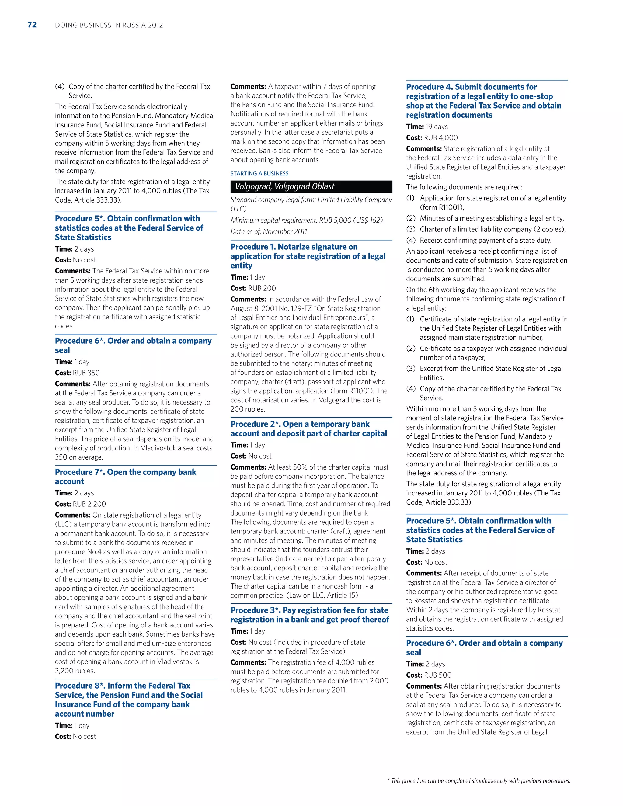 * This procedure can be completed simultaneously with previous procedures.
(4) Copy of the charter certiﬁed by the Federal Tax
Service.
The Federal Tax Service sends electronically
information to the Pension Fund, Mandatory Medical
Insurance Fund, Social Insurance Fund and Federal
Service of State Statistics, which register the
company within 5 working days from when they
receive information from the Federal Tax Service and
mail registration certiﬁcates to the legal address of
the company.
The state duty for state registration of a legal entity
increased in January 2011 to 4,000 rubles (The Tax
Code, Article 333.33).
Procedure 5*. Obtain conﬁrmation with
statistics codes at the Federal Service of
State Statistics
Time: 2 days
Cost: No cost
Comments: The Federal Tax Service within no more
than 5 working days after state registration sends
information about the legal entity to the Federal
Service of State Statistics which registers the new
company. Then the applicant can personally pick up
the registration certiﬁcate with assigned statistic
codes.
Procedure 6*. Order and obtain a company
seal
Time: 1 day
Cost: RUB 350
Comments: After obtaining registration documents
at the Federal Tax Service a company can order a
seal at any seal producer. To do so, it is necessary to
show the following documents: certiﬁcate of state
registration, certiﬁcate of taxpayer registration, an
excerpt from the Uniﬁed State Register of Legal
Entities. The price of a seal depends on its model and
complexity of production. In Vladivostok a seal costs
350 on average.
Procedure 7*. Open the company bank
account
Time: 2 days
Cost: RUB 2,200
Comments: On state registration of a legal entity
(LLC) a temporary bank account is transformed into
a permanent bank account. To do so, it is necessary
to submit to a bank the documents received in
procedure No.4 as well as a copy of an information
letter from the statistics service, an order appointing
a chief accountant or an order authorizing the head
of the company to act as chief accountant, an order
appointing a director. An additional agreement
about opening a bank account is signed and a bank
card with samples of signatures of the head of the
company and the chief accountant and the seal print
is prepared. Cost of opening of a bank account varies
and depends upon each bank. Sometimes banks have
special offers for small and medium-size enterprises
and do not charge for opening accounts. The average
cost of opening a bank account in Vladivostok is
2,200 rubles.
Procedure 8*. Inform the Federal Tax
Service, the Pension Fund and the Social
Insurance Fund of the company bank
account number
Time: 1 day
Cost: No cost
Comments: A taxpayer within 7 days of opening
a bank account notify the Federal Tax Service,
the Pension Fund and the Social Insurance Fund.
Notiﬁcations of required format with the bank
account number an applicant either mails or brings
personally. In the latter case a secretariat puts a
mark on the second copy that information has been
received. Banks also inform the Federal Tax Service
about opening bank accounts.
STARTING A BUSINESS
Volgograd, Volgograd Oblast
Standard company legal form: Limited Liability Company
(LLC)
Minimum capital requirement: RUB 5,000 (US$ 162)
Data as of: November 2011
Procedure 1. Notarize signature on
application for state registration of a legal
entity
Time: 1 day
Cost: RUB 200
Comments: In accordance with the Federal Law of
August 8, 2001 No. 129-FZ “On State Registration
of Legal Entities and Individual Entrepreneurs”, a
signature on application for state registration of a
company must be notarized. Application should
be signed by a director of a company or other
authorized person. The following documents should
be submitted to the notary: minutes of meeting
of founders on establishment of a limited liability
company, charter (draft), passport of applicant who
signs the application, application (form R11001). The
cost of notarization varies. In Volgograd the cost is
200 rubles.
Procedure 2*. Open a temporary bank
account and deposit part of charter capital
Time: 1 day
Cost: No cost
Comments: At least 50% of the charter capital must
be paid before company incorporation. The balance
must be paid during the ﬁrst year of operation. To
deposit charter capital a temporary bank account
should be opened. Time, cost and number of required
documents might vary depending on the bank.
The following documents are required to open a
temporary bank account: charter (draft), agreement
and minutes of meeting. The minutes of meeting
should indicate that the founders entrust their
representative (indicate name) to open a temporary
bank account, deposit charter capital and receive the
money back in case the registration does not happen.
The charter capital can be in a noncash form - a
common practice. (Law on LLC, Article 15).
Procedure 3*. Pay registration fee for state
registration in a bank and get proof thereof
Time: 1 day
Cost: No cost (included in procedure of state
registration at the Federal Tax Service)
Comments: The registration fee of 4,000 rubles
must be paid before documents are submitted for
registration. The registration fee doubled from 2,000
rubles to 4,000 rubles in January 2011.
Procedure 4. Submit documents for
registration of a legal entity to one-stop
shop at the Federal Tax Service and obtain
registration documents
Time: 19 days
Cost: RUB 4,000
Comments: State registration of a legal entity at
the Federal Tax Service includes a data entry in the
Uniﬁed State Register of Legal Entities and a taxpayer
registration.
The following documents are required:
(1) Application for state registration of a legal entity
(form R11001),
(2) Minutes of a meeting establishing a legal entity,
(3) Charter of a limited liability company (2 copies),
(4) Receipt conﬁrming payment of a state duty.
An applicant receives a receipt conﬁrming a list of
documents and date of submission. State registration
is conducted no more than 5 working days after
documents are submitted.
On the 6th working day the applicant receives the
following documents conﬁrming state registration of
a legal entity:
(1) Certiﬁcate of state registration of a legal entity in
the Uniﬁed State Register of Legal Entities with
assigned main state registration number,
(2) Certiﬁcate as a taxpayer with assigned individual
number of a taxpayer,
(3) Excerpt from the Uniﬁed State Register of Legal
Entities,
(4) Copy of the charter certiﬁed by the Federal Tax
Service.
Within mo more than 5 working days from the
moment of state registration the Federal Tax Service
sends information from the Uniﬁed State Register
of Legal Entities to the Pension Fund, Mandatory
Medical Insurance Fund, Social Insurance Fund and
Federal Service of State Statistics, which register the
company and mail their registration certiﬁcates to
the legal address of the company.
The state duty for state registration of a legal entity
increased in January 2011 to 4,000 rubles (The Tax
Code, Article 333.33).
Procedure 5*. Obtain conﬁrmation with
statistics codes at the Federal Service of
State Statistics
Time: 2 days
Cost: No cost
Comments: After receipt of documents of state
registration at the Federal Tax Service a director of
the company or his authorized representative goes
to Rosstat and shows the registration certiﬁcate.
Within 2 days the company is registered by Rosstat
and obtains the registration certiﬁcate with assigned
statistics codes.
Procedure 6*. Order and obtain a company
seal
Time: 2 days
Cost: RUB 500
Comments: After obtaining registration documents
at the Federal Tax Service a company can order a
seal at any seal producer. To do so, it is necessary to
show the following documents: certiﬁcate of state
registration, certiﬁcate of taxpayer registration, an
excerpt from the Uniﬁed State Register of Legal
DOING BUSINESS IN RUSSIA 201272
 