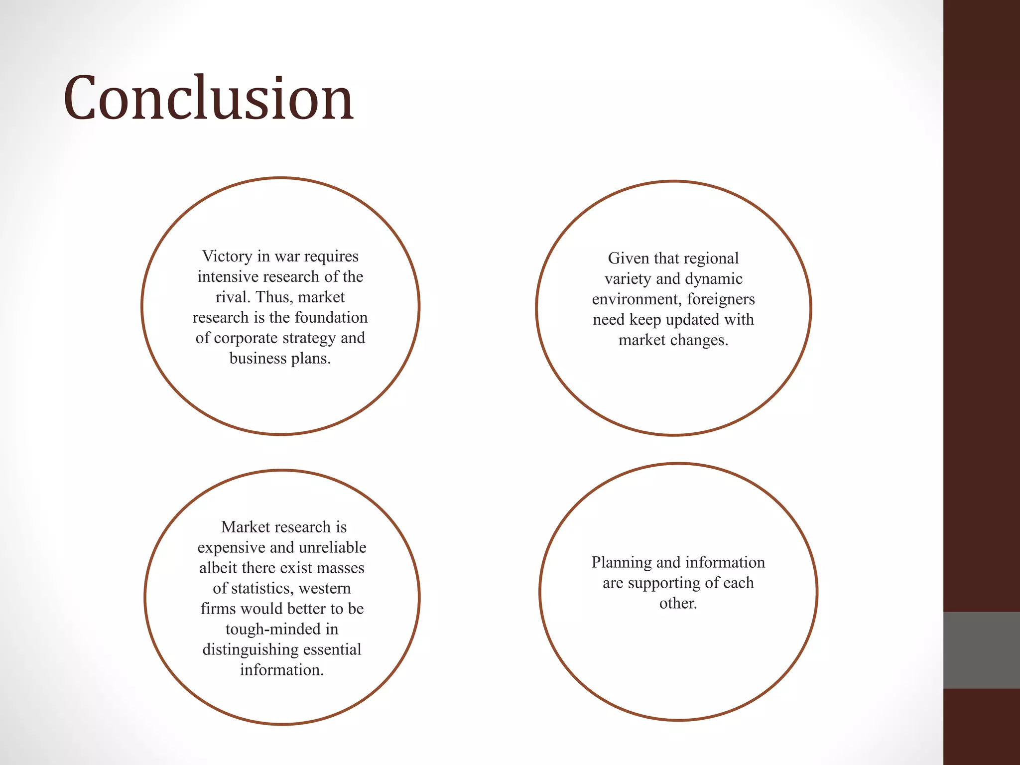 Conclusion
Given that regional
variety and dynamic
environment, foreigners
need keep updated with
market changes.
Victory in war requires
intensive research of the
rival. Thus, market
research is the foundation
of corporate strategy and
business plans.
Market research is
expensive and unreliable
albeit there exist masses
of statistics, western
firms would better to be
tough-minded in
distinguishing essential
information.
Planning and information
are supporting of each
other.
 