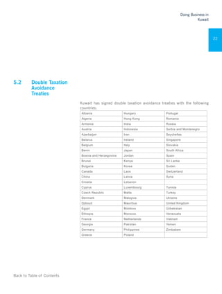 Back to Table of Contents
Doing Business in
Kuwait
22
5.2 	 Double Taxation
Avoidance
Treaties 	
Kuwait has signed double taxation avoidance treaties with the following
countries:
Albania Hungary Portugal
Algeria Hong Kong Romania
Armenia India Russia
Austria Indonesia Serbia and Montenegro
Azerbaijan Iran Seychelles
Belarus Ireland Singapore
Belgium Italy Slovakia
Benin Japan South Africa
Bosnia and Herzegovina Jordan Spain
Brunei Kenya Sri Lanka
Bulgaria Korea Sudan
Canada Laos Switzerland
China Latvia Syria
Croatia Lebanon
Cyprus Luxembourg Tunisia
Czech Republic Malta Turkey
Denmark Malaysia Ukraine
Djibouti Mauritius United Kingdom
Egypt Moldova Uzbekistan
Ethiopia Morocco Venezuela
France Netherlands Vietnam
Georgia Pakistan Yemen
Germany Philippines Zimbabwe
Greece Poland
 