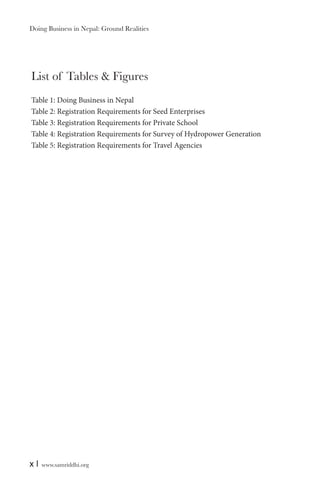 Doing Business in Nepal: Ground Realities

List of Tables & Figures
Table 1: Doing Business in Nepal
Table 2: Registration Requirements for Seed Enterprises
Table 3: Registration Requirements for Private School
Table 4: Registration Requirements for Survey of Hydropower Generation
Table 5: Registration Requirements for Travel Agencies

x|

www.samriddhi.org

 