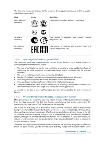 The following marks demonstrate to the consumer the product’s compliance to the applicable
mandatory requirements:

Mark                   Symbol                        Definition
GOST R Mark of                                       The product is compliant with GOST R standards
Conformity




TR Mark of                                           The product is compliant with Russian Technical
Conformity                                           Regulations (TR)



CU TR Mark of                                        The product is compliant with Customs Union (CU)
Conformity                                           Technical Regulations (TR)




4.6.6.       How long does it take to get certified?
The conformity verification process in Russia can take from a few hours up to several months. Its
duration depends on the following factors:
   The type of certificate you opt for (e.g. verification process for a 3-year validity Certificate of
    Conformity for serial production normally takes longer than a certificate valid for just one
    shipment);
   The need to make tests, number and complexity of the tests;
   Number of certificates you have to obtain prior to the targeted permissive document;
   Your ability to quickly collect the internal documents needed for verification;
   Time spent upon translation of required documents into Russian language;
   Your previous experience with Russian certification (i.e. obtaining a permissive document for the
    very first time commonly lasts longer than subsequent similar applications).
As a result, you are able to speed up the process by means of manipulating the above-mentioned
factors.

4.6.7.       Which international certificates are accepted in Russia?
Many procedures in the conformity assurance system of Russia and the Customs Union were copied
from the West (especially the EU), and foreign manufacturers face similar requirements for
operation in their local market. Still, there are some discrepancies.
The reason for that partly lies in the Russian specific climate conditions, partly in the historical
background (many of the Russian standards have not been re-viewed since the Soviet times). Quite
often, verification methods considerably differ from those applied in the Western Europe or the US.
To cite some examples: in Russia, testing of toys includes verification of formaldehyde and phenol
content, although not checked in the EU; transformers have to be tested at -40°C temperature, i.e.
in twice as cold conditions as in Europe; steel pipes might be subject to 100% testing as opposed to
10-20% sampling in Europe.
Therefore, even if your products are well-known throughout the world and recognized as safe in the
EU or any other country, you still have to prove that they comply with Russian/Customs Union

                                                                             Doing business in St. Petersburg
         Enterprise Europe Network - Russia, Module A Regional Center – St. Petersburg | www.doingbusiness.ru   105
 
