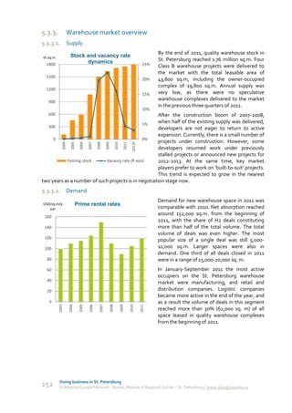 5.3.3.               Warehouse market overview
5.3.3.1.             Supply
                                                                                                   By the end of 2011, quality warehouse stock in
th.sq.m.               Stock and vacancy rate
                             dynamics                                                              St. Petersburg reached 1.76 million sq.m. Four
  1800                                                                                       25%   Class B warehouse projects were delivered to
                                                                                                   the market with the total leasable area of
  1500
                                                                                             20%   43,800 sq.m, including the owner-occupied
                                                                                                   complex of 19,800 sq.m. Annual supply was
  1200
                                                                                             15%   very low, as there were no speculative
   900
                                                                                                   warehouse complexes delivered to the market
                                                                                                   in the previous three quarters of 2011.
                                                                                             10%
   600                                                After the construction boom of 2007-2008,
                                                5%
                                                      when half of the existing supply was delivered,
  300                                                 developers are not eager to return to active
                                                      expansion. Currently, there is a small number of
     0                                          0%
                                                      projects under construction. However, some
                                                                                   2012F
              2004

                       2005

                              2006

                                     2007

                                             2008

                                                      2009

                                                                2010

                                                                          2011




                                                      developers resumed work under previously
                                                      stalled projects or announced new projects for
           Existing stock   Vacancy rate (R axis)     2012-2013. At the same time, key market
                                                      players prefer to work on ‘built-to-suit’ projects.
                                                      This trend is expected to grow in the nearest
two years as a number of such projects is in negotiation stage now.
5.3.3.2.             Demand
                                                                                                   Demand for new warehouse space in 2011 was
USD/sq.m/y                   Prime rental rates
   ear                                                                                             comparable with 2010. Net absorption reached
                                                                                                   around 152,000 sq.m. from the beginning of
 160
                                                                                                   2011, with the share of H2 deals constituting
 140                                                                                               more than half of the total volume. The total
                                                                                                   volume of deals was even higher. The most
 120
                                                                                                   popular size of a single deal was still 5,000-
 100                                                                                               10,000 sq.m. Larger spaces were also in
                                                                                                   demand. One third of all deals closed in 2011
  80                                                                                               were in a range of 15,000-20,000 sq. m.
  60                                                                                               In January-September 2011 the most active
                                                                                                   occupiers on the St. Petersburg warehouse
  40
                                                                                                   market were manufacturing, and retail and
  20                                                                                               distribution companies. Logistic companies
                                                                                                   became more active in the end of the year, and
   0                                                                                               as a result the volume of deals in this segment
                                                                                           2011
           2003

                      2004

                              2005

                                      2006

                                               2007

                                                         2008

                                                                       2009

                                                                                 2010




                                                                                                   reached more than 30% (62,000 sq. m) of all
                                                                                                   space leased in quality warehouse complexes
                                                                                                   from the beginning of 2011.




           Doing business in St. Petersburg
152        Enterprise Europe Network - Russia, Module A Regional Center – St. Petersburg | www.doingbusiness.ru
 