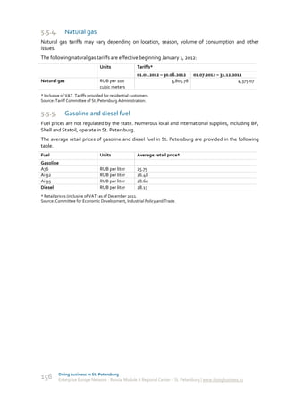 5.5.4.        Natural gas
Natural gas tariffs may vary depending on location, season, volume of consumption and other
issues.
The following natural gas tariffs are effective beginning January 1, 2012:
                                  Units                 Tariffs*
                                                        01.01.2012 – 30.06.2012     01.07.2012 – 31.12.2012
Natural gas                       RUB per 100                            3,805.78                        4,375.07
                                  cubic meters
* Inclusive of VAT. Tariffs provided for residential customers.
Source: Tariff Committee of St. Petersburg Administration.


5.5.5.        Gasoline and diesel fuel
Fuel prices are not regulated by the state. Numerous local and international supplies, including BP,
Shell and Statoil, operate in St. Petersburg.
The average retail prices of gasoline and diesel fuel in St. Petersburg are provided in the following
table.
Fuel                              Units                 Average retail price*
Gasoline
A76                               RUB per liter         25.79
Ai 92                             RUB per liter         26.48
Ai 95                             RUB per liter         28.60
Diesel                            RUB per liter         28.13
* Retail prices (inclusive of VAT) as of December 2011.
Source: Committee for Economic Development, Industrial Policy and Trade.




          Doing business in St. Petersburg
156       Enterprise Europe Network - Russia, Module A Regional Center – St. Petersburg | www.doingbusiness.ru
 