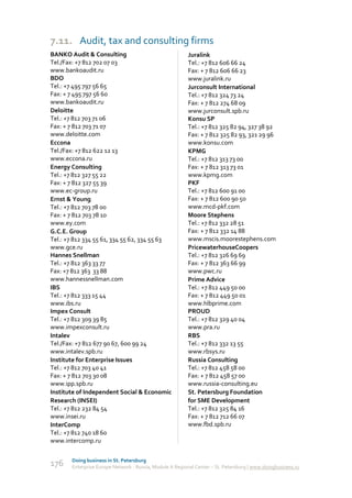 7.11. Audit, tax and consulting firms
BANKO Audit & Consulting                                  Juralink
Tel./Fax: +7 812 702 07 03                                Tel.: +7 812 606 66 24
www.bankoaudit.ru                                         Fax: + 7 812 606 66 23
BDO                                                       www.juralink.ru
Tel.: +7 495 797 56 65                                    Jurconsult International
Fax: + 7 495 797 56 60                                    Tel.: +7 812 324 73 24
www.bankoaudit.ru                                         Fax: + 7 812 274 68 09
Deloitte                                                  www.jurconsult.spb.ru
Tel.: +7 812 703 71 06                                    Konsu SP
Fax: + 7 812 703 71 07                                    Tel.: +7 812 325 82 94, 327 38 92
www.deloitte.com                                          Fax: + 7 812 325 82 93, 321 29 96
Eccona                                                    www.konsu.com
Tel./Fax: +7 812 622 12 13                                KPMG
www.eccona.ru                                             Tel.: +7 812 313 73 00
Energy Consulting                                         Fax: + 7 812 313 73 01
Tel.: +7 812 327 55 22                                    www.kpmg.com
Fax: + 7 812 327 55 39                                    PKF
www.ec-group.ru                                           Tel.: +7 812 600 91 00
Ernst & Young                                             Fax: + 7 812 600 90 50
Tel.: +7 812 703 78 00                                    www.mcd-pkf.com
Fax: + 7 812 703 78 10                                    Moore Stephens
www.ey.com                                                Tel.: +7 812 332 28 51
G.C.E. Group                                              Fax: + 7 812 332 14 88
Tel.: +7 812 334 55 61, 334 55 62, 334 55 63              www.mscis.moorestephens.com
www.gce.ru                                                PricewaterhouseCoopers
Hannes Snellman                                           Tel.: +7 812 326 69 69
Tel.: +7 812 363 33 77                                    Fax: + 7 812 363 66 99
Fax: +7 812 363 33 88                                     www.pwc.ru
www.hannessnellman.com                                    Prime Advice
IBS                                                       Tel.: +7 812 449 50 00
Tel.: +7 812 333 15 44                                    Fax: + 7 812 449 50 01
www.ibs.ru                                                www.hlbprime.com
Impex Consult                                             PROUD
Tel.: +7 812 309 39 85                                    Tel.: +7 812 329 40 04
www.impexconsult.ru                                       www.pra.ru
Intalev                                                   RBS
Tel./Fax: +7 812 677 90 67, 600 99 24                     Tel.: +7 812 332 13 55
www.intalev.spb.ru                                        www.rbsys.ru
Institute for Enterprise Issues                           Russia Consulting
Tel.: +7 812 703 40 41                                    Tel.: +7 812 458 58 00
Fax: + 7 812 703 30 08                                    Fax: + 7 812 458 57 00
www.ipp.spb.ru                                            www.russia-consulting.eu
Institute of Independent Social & Economic                St. Petersburg Foundation
Research (INSEI)                                          for SME Development
Tel.: +7 812 232 84 54                                    Tel.: +7 812 325 84 16
www.insei.ru                                              Fax: + 7 812 712 66 07
InterComp                                                 www.fbd.spb.ru
Tel.: +7 812 740 18 60
www.intercomp.ru

       Doing business in St. Petersburg
176    Enterprise Europe Network - Russia, Module A Regional Center – St. Petersburg | www.doingbusiness.ru
 
