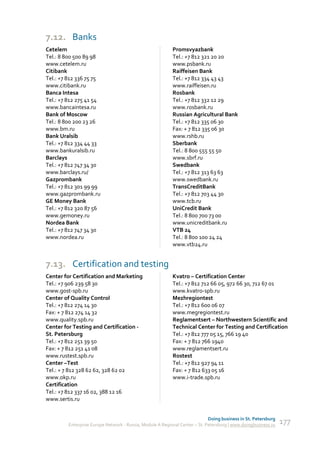 7.12. Banks
Cetelem                                                    Promsvyazbank
Tel.: 8 800 500 89 98                                      Tel.: +7 812 321 20 20
www.cetelem.ru                                             www.psbank.ru
Citibank                                                   Raiffeisen Bank
Tel.: +7 812 336 75 75                                     Tel.: +7 812 334 43 43
www.citibank.ru                                            www.raiffeisen.ru
Banca Intesa                                               Rosbank
Tel.: +7 812 275 41 54                                     Tel.: +7 812 332 12 29
www.bancaintesa.ru                                         www.rosbank.ru
Bank of Moscow                                             Russian Agricultural Bank
Tel.: 8 800 200 23 26                                      Tel.: +7 812 335 06 30
www.bm.ru                                                  Fax: + 7 812 335 06 30
Bank Uralsib                                               www.rshb.ru
Tel.: +7 812 334 44 33                                     Sberbank
www.bankuralsib.ru                                         Tel.: 8 800 555 55 50
Barclays                                                   www.sbrf.ru
Tel.: +7 812 747 34 30                                     Swedbank
www.barclays.ru/                                           Tel.: +7 812 313 63 63
Gazprombank                                                www.swedbank.ru
Tel.: +7 812 301 99 99                                     TransCreditBank
www.gazprombank.ru                                         Tel.: +7 812 703 44 30
GE Money Bank                                              www.tcb.ru
Tel.: +7 812 320 87 56                                     UniCredit Bank
www.gemoney.ru                                             Tel.: 8 800 700 73 00
Nordea Bank                                                www.unicreditbank.ru
Tel.: +7 812 747 34 30                                     VTB 24
www.nordea.ru                                              Tel.: 8 800 100 24 24
                                                           www.vtb24.ru


7.13. Certification and testing
Center for Certification and Marketing                     Kvatro – Certification Center
Tel.: +7 906 239 58 30                                     Tel.: +7 812 712 66 05, 972 66 30, 712 67 01
www.gost-spb.ru                                            www.kvatro-spb.ru
Center of Quality Control                                  Mezhregiontest
Tel.: +7 812 274 14 30                                     Tel.: +7 812 600 06 07
Fax: + 7 812 274 14 32                                     www.megregiontest.ru
www.quality.spb.ru                                         Reglamentsert – Northwestern Scientific and
Center for Testing and Certification -                     Technical Center for Testing and Certification
St. Petersburg                                             Tel.: +7 812 777 05 15, 766 19 40
Tel.: +7 812 251 39 50                                     Fax: + 7 812 766 1940
Fax: + 7 812 251 41 08                                     www.reglamentsert.ru
www.rustest.spb.ru                                         Rostest
Center –Test                                               Tel.: +7 812 927 94 11
Tel.: + 7 812 328 62 62, 328 62 02                         Fax: + 7 812 633 05 16
www.okp.ru                                                 www.i-trade.spb.ru
Certification
Tel.: +7 812 337 16 02, 388 12 16
www.sertis.ru


                                                                             Doing business in St. Petersburg
         Enterprise Europe Network - Russia, Module A Regional Center – St. Petersburg | www.doingbusiness.ru   177
 