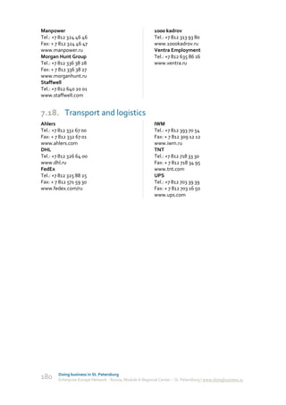 Manpower                                                   1000 kadrov
Tel.: +7 812 324 46 46                                     Tel.: +7 812 313 93 80
Fax: + 7 812 324 46 47                                     www.1000kadrov.ru
www.manpower.ru                                            Ventra Employment
Morgan Hunt Group                                          Tel.: +7 812 635 86 16
Tel.: +7 812 336 38 28                                     www.ventra.ru
Fax: + 7 812 336 38 27
www.morganhunt.ru
Staffwell
Tel.: +7 812 640 20 01
www.staffwell.com


7.18. Transport and logistics
Ahlers                                                     IWM
Tel.: +7 812 332 67 00                                     Tel.: +7 812 393 70 54
Fax: + 7 812 332 67 01                                     Fax: + 7 812 309 12 12
www.ahlers.com                                             www.iwm.ru
DHL                                                        TNT
Tel.: +7 812 326 64 00                                     Tel.: +7 812 718 33 30
www.dhl.ru                                                 Fax: + 7 812 718 34 95
FedEx                                                      www.tnt.com
Tel.: +7 812 325 88 25                                     UPS
Fax: + 7 812 571 59 30                                     Tel.: +7 812 703 39 39
www.fedex.com/ru                                           Fax: + 7 812 703 16 50
                                                           www.ups.com




        Doing business in St. Petersburg
180     Enterprise Europe Network - Russia, Module A Regional Center – St. Petersburg | www.doingbusiness.ru
 
