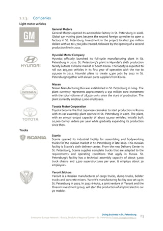 2.2.3.    Companies
Light motor vehicles
                            General Motors
                            General Motors opened its automobile factory in St. Petersburg in 2008.
                            Global car making giant became the second foreign carmaker to open a
                            factory in St. Petersburg. Investment in the project totalled 300 million
                            dollars with up to 1,700 jobs created, followed by the opening of a second
                            production line in 2010.

                            Hyundai Motor Company
                            Hyundai officially launched its full-cycle manufacturing plant in St.
                            Petersburg in 2010. St. Petersburg’s plant is Hyundai’s sixth production
                            facility outside its home market of South Korea. The facility is expected to
                            roll out 105,000 vehicles in its first year of operation with the rise to
                            150,000 in 2012. Hyundai plans to create 5,300 jobs by 2012 in St.
                            Petersburg together with eleven parts suppliers from Korea.

                            Nissan
                            Nissan Manufacturing Rus was established in St. Petersburg in 2009. The
                            plant currently represents approximately a 150 million euro investment
                            with the total volume of 28,500 units since the start of production. The
                            plant currently employs 2,000 employees.

                            Toyota Motor Corporation
                            Toyota became the first Japanese carmaker to start production in Russia
                            with its car assembly plant opened in St. Petersburg in 2007. The plant,
                            with an annual output capacity of about 50,000 vehicles, initially built
                            20,000 Camry sedans per year while gradually expanding its production
                            since then.
Trucks
                            Scania
                            Scania opened its industrial facility for assembling and bodyworking
                            trucks for the Russian market in St. Petersburg in late 2010. This Russian
                            facility is Scania’s sixth delivery center. From the new Delivery Center in
                            St. Petersburg, Scania supplies complete trucks that are adapted to the
                            requirements and operating conditions that apply in Russia. St.
                            Petersburg’s facility has a technical assembly capacity of about 5,000
                            truck chassis and 1,500 superstructures per year. It employs about 70
                            employees.

                            Yarovit Motors
                            Yarovit is a Russian manufacturer of cargo trucks, dump trucks, bolster
                            trucks and concrete mixers. Yarovit’s manufacturing facility was set up in
                            St. Petersburg in 2003. In 2012 ë-Auto, a joint venture of Yarovit and the
                            Onexim investment group, will start the production of a hybrid electric car
                            yo-mobile.




                                                                             Doing business in St. Petersburg
         Enterprise Europe Network - Russia, Module A Regional Center – St. Petersburg | www.doingbusiness.ru   23
 